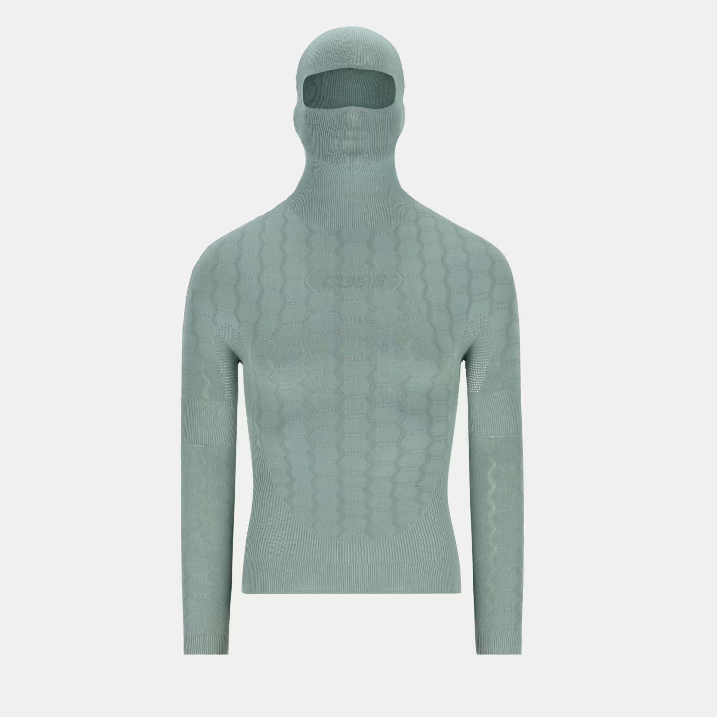 Q36.5 Base Layer 5 Plus Long Sleeve Hoodie - Olive Green with integrated balaclava and textured knit pattern on front and sleeves