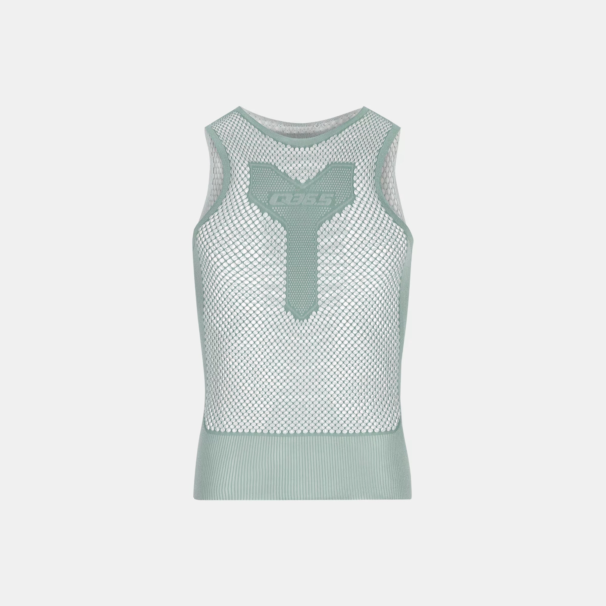 Q36.5 Base Layer 0 Mesh - Olive Green sleeveless mesh base layer with breathable design and fitted hem.
