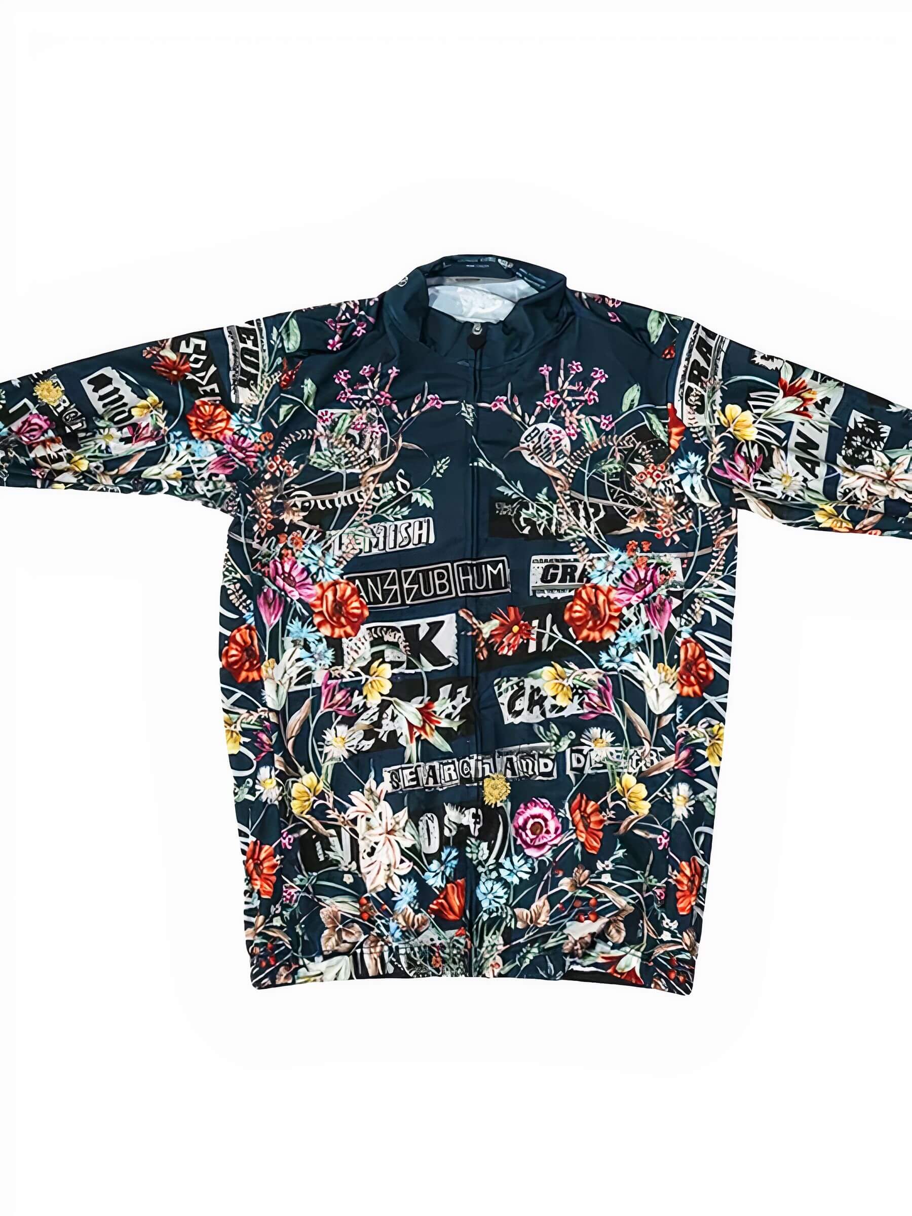 Ostroy Punk Flowers Jersey - Men's flat lay showing full floral and punk graphics on race fit cycling jersey