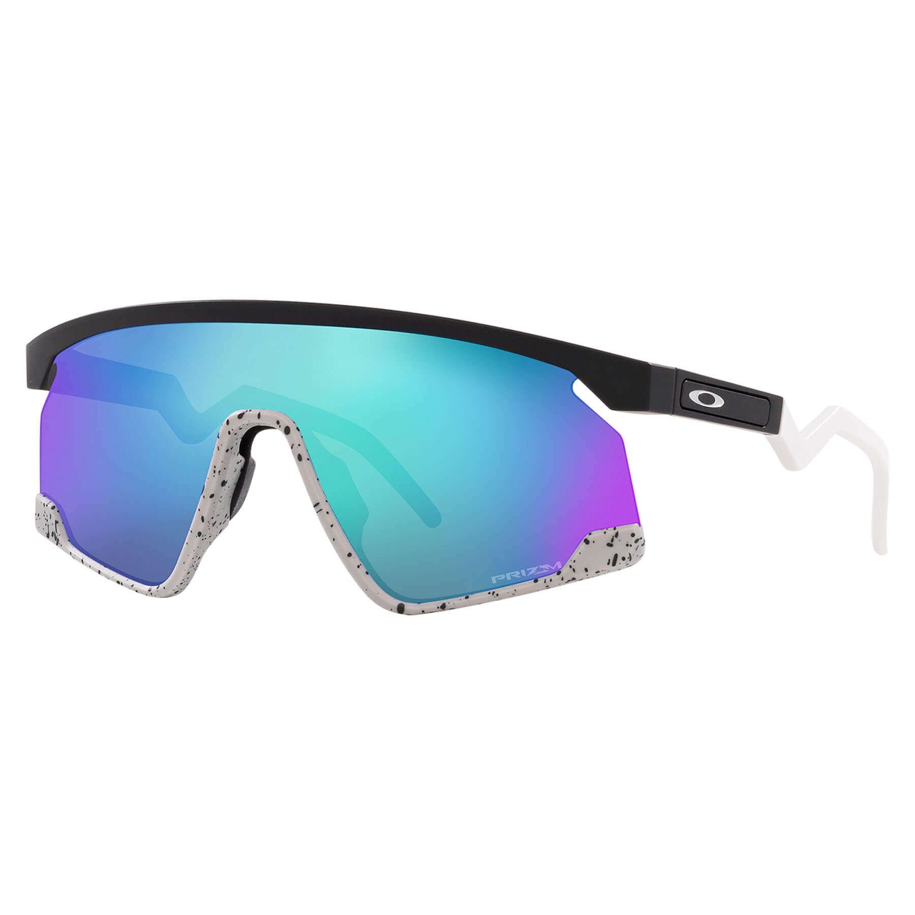 Oakley BXTR Prizm sunglasses with a black frame, white earstems, and blue-to-purple gradient lenses.