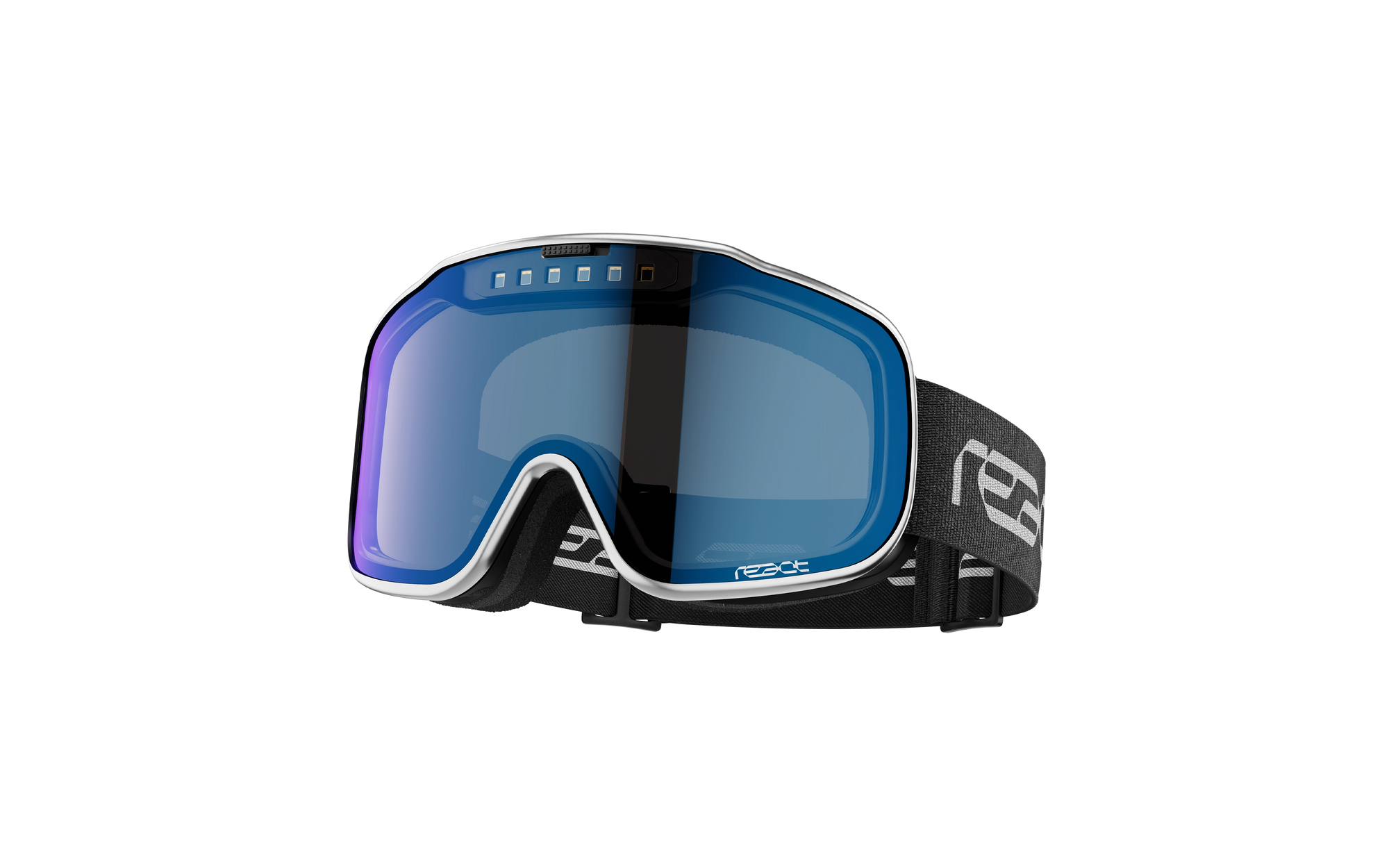 REACT Sight 2.0 Silver Goggles with reflective blue lens and black adjustable strap against white background