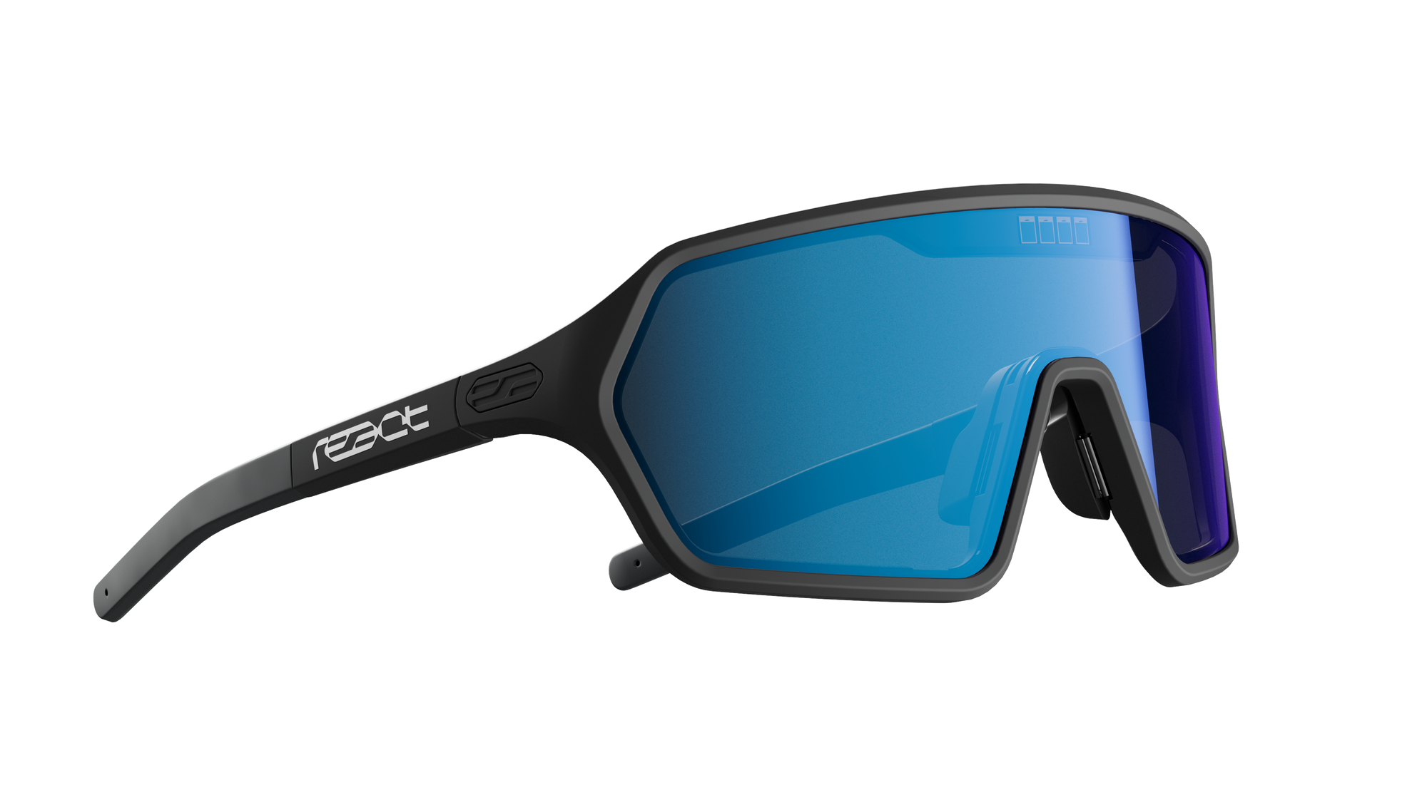 REACT Rev Black Sunglasses with blue lenses and adjustable temples shown in side angle on white background