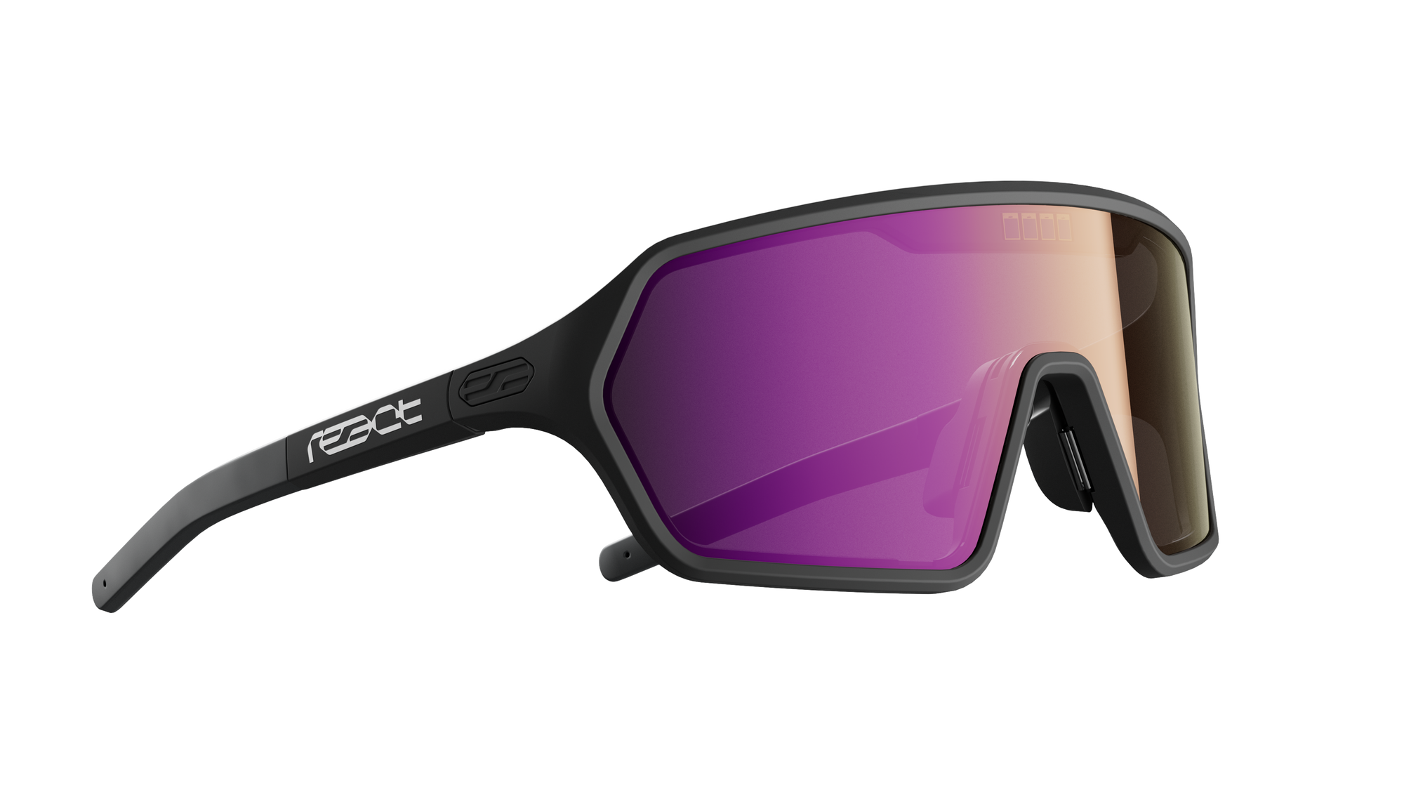REACT Rev Black Sunglasses angled view showing purple tinted lenses and black adjustable temples with logo detail