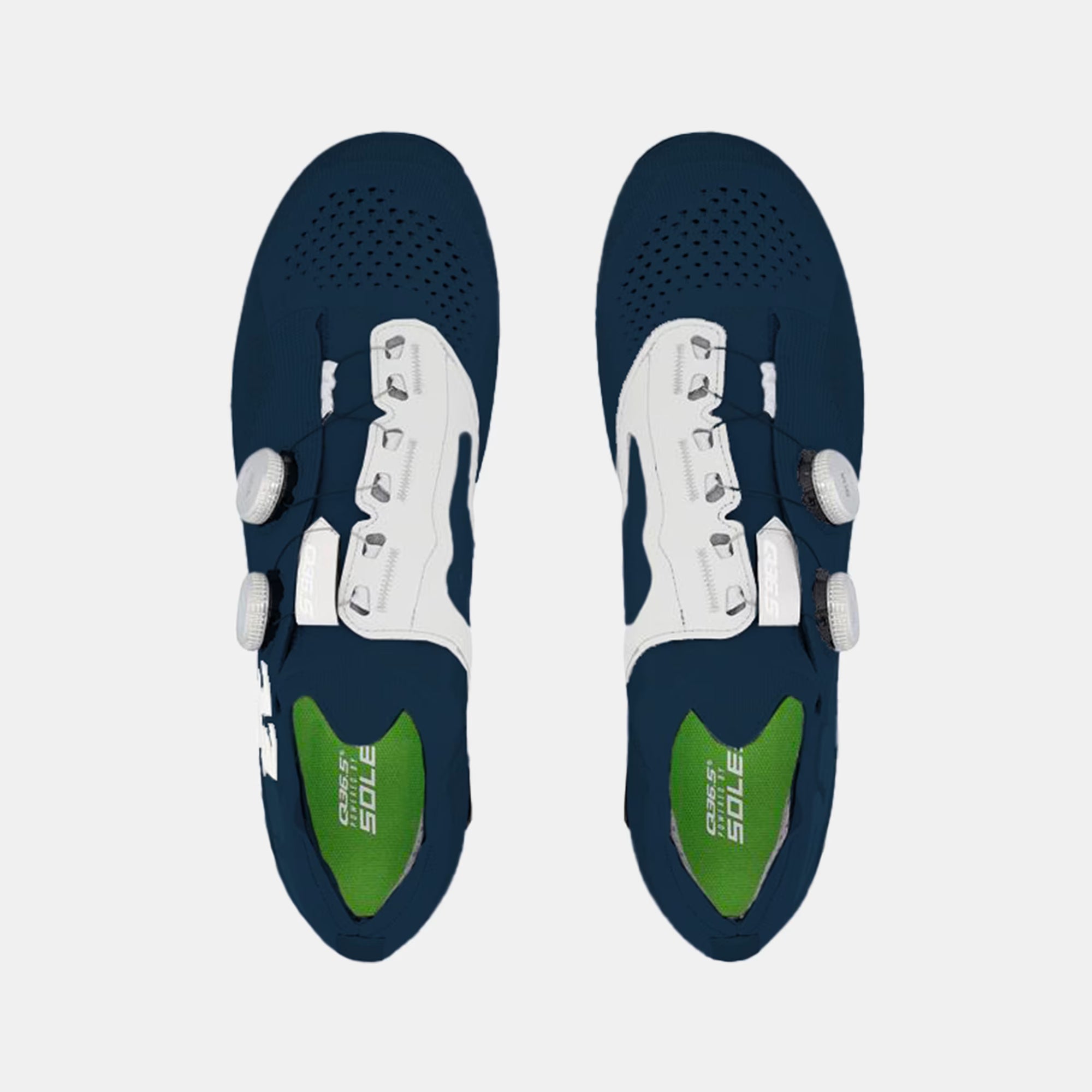 Top view of Q36.5 Dottore Clima Road Shoes - Navy Blue featuring white dial closures and breathable perforated upper
