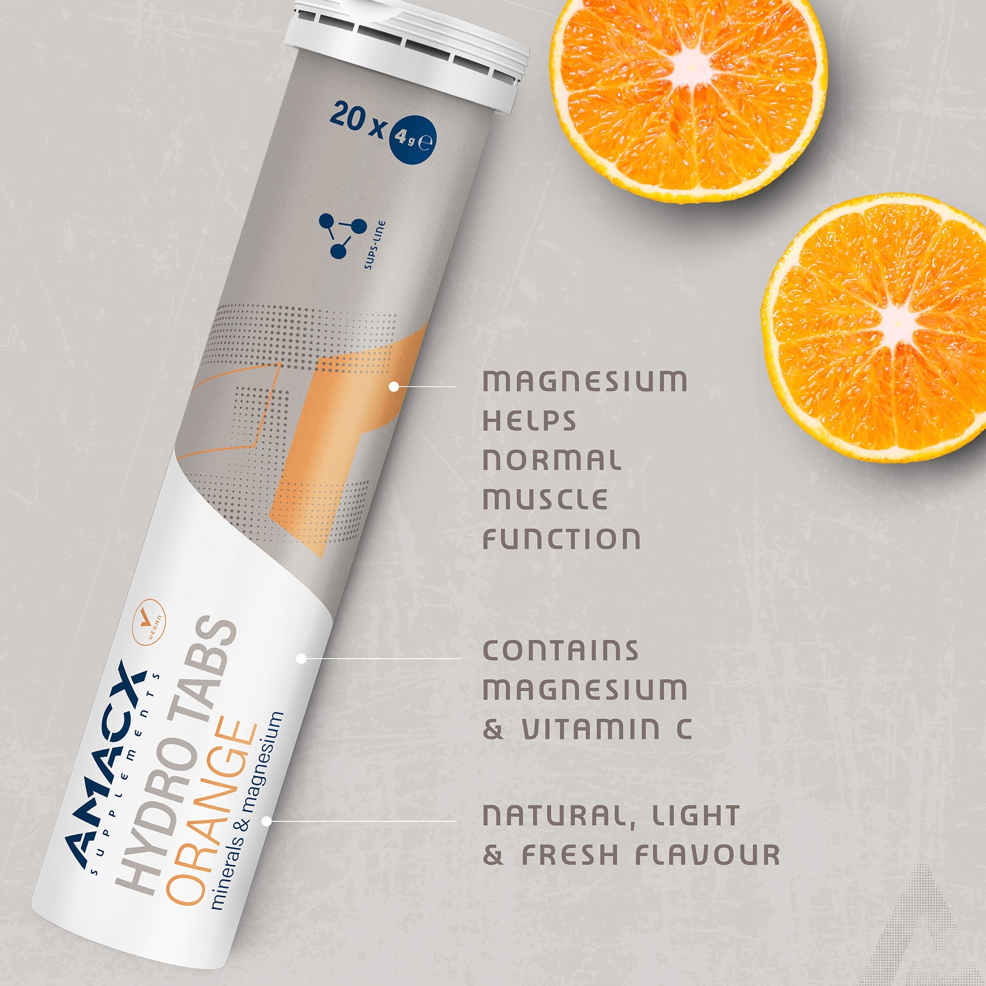 Tube of Amacx Hydro Tabs Orange with sliced oranges and text highlighting magnesium and vitamin C benefits