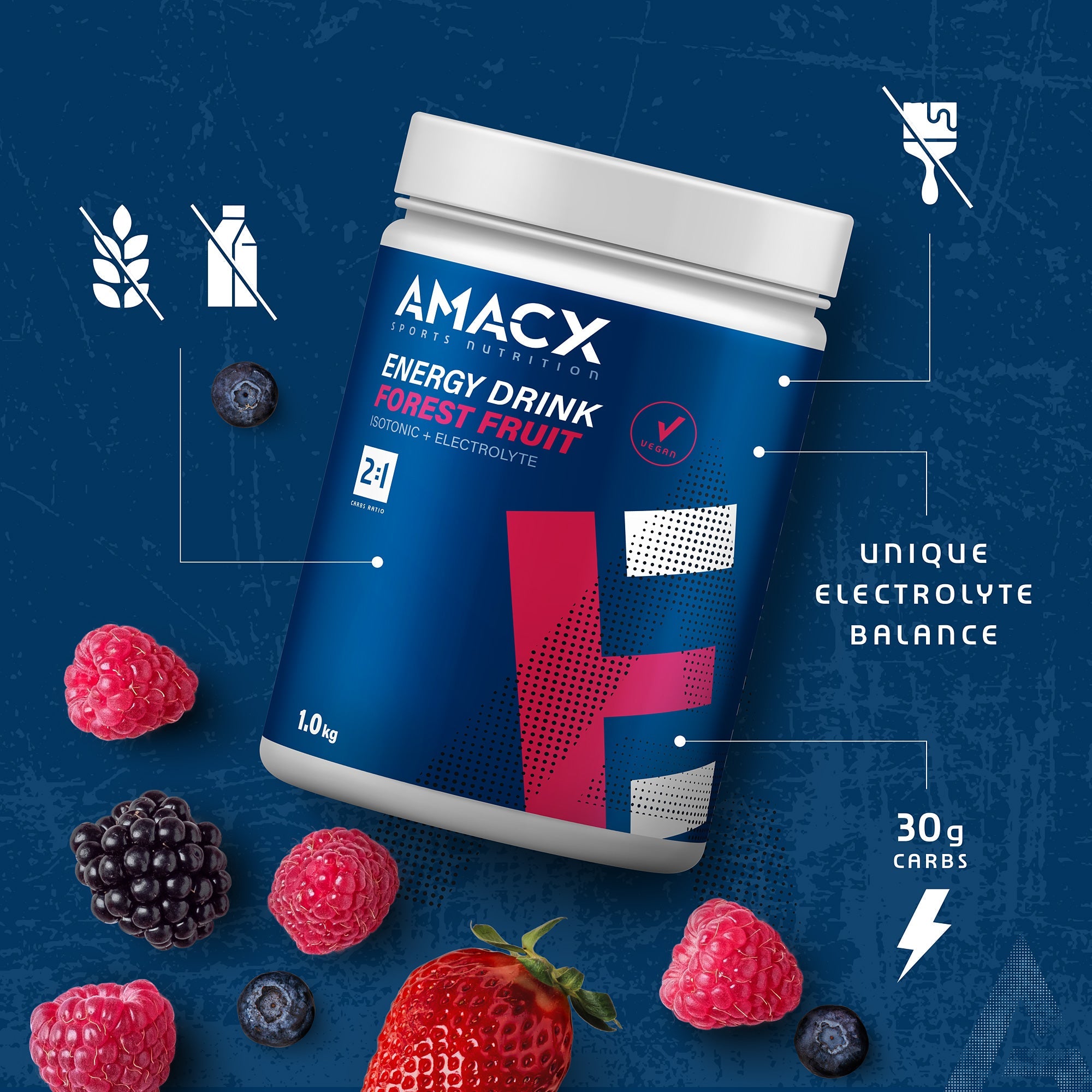 Container of Amacx Energy Drink | 1.0 kg in forest fruit flavor with fresh berries on blue background.