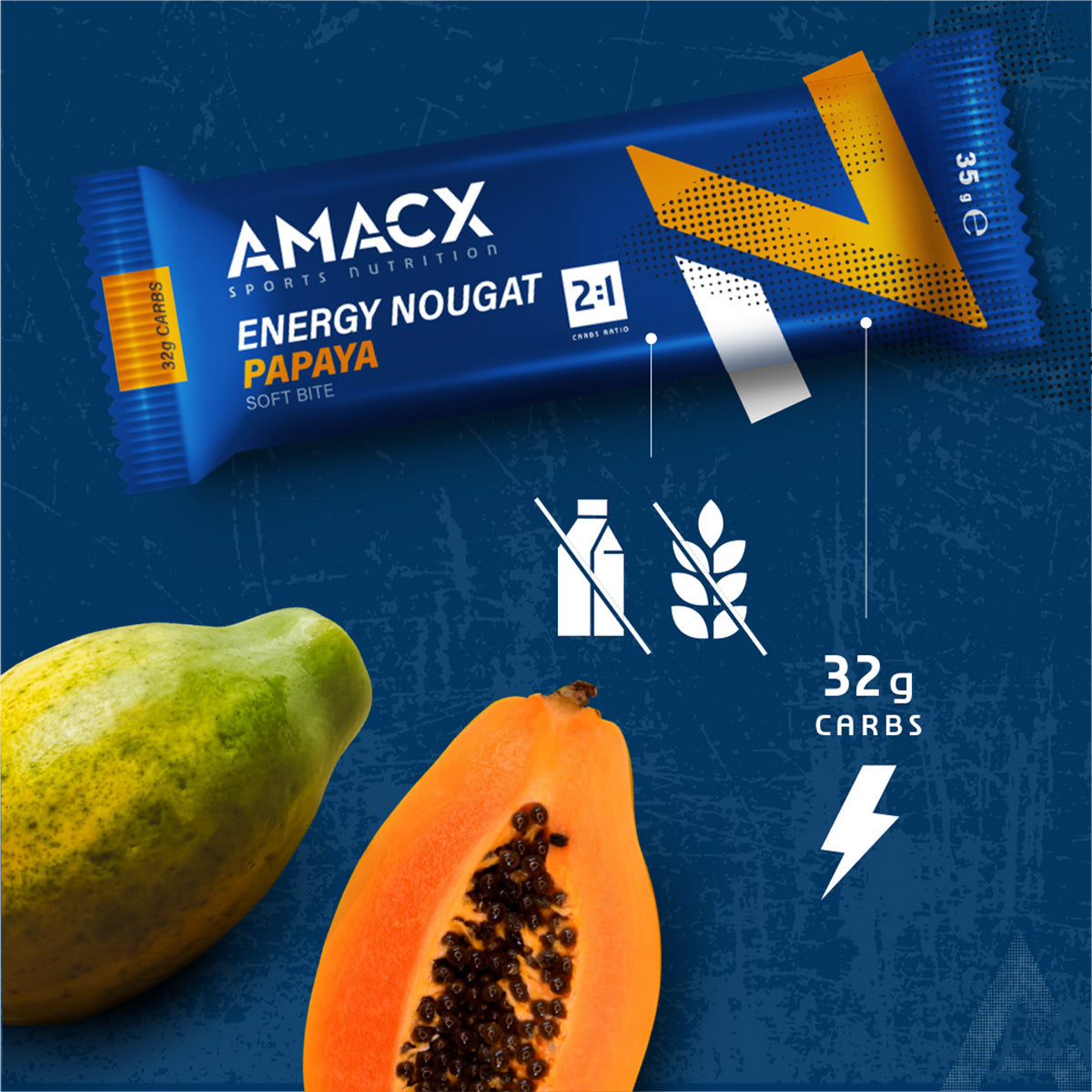 Amacx Energy Nougat Papaya energy bar with papaya fruit and nutrition icons on blue background
