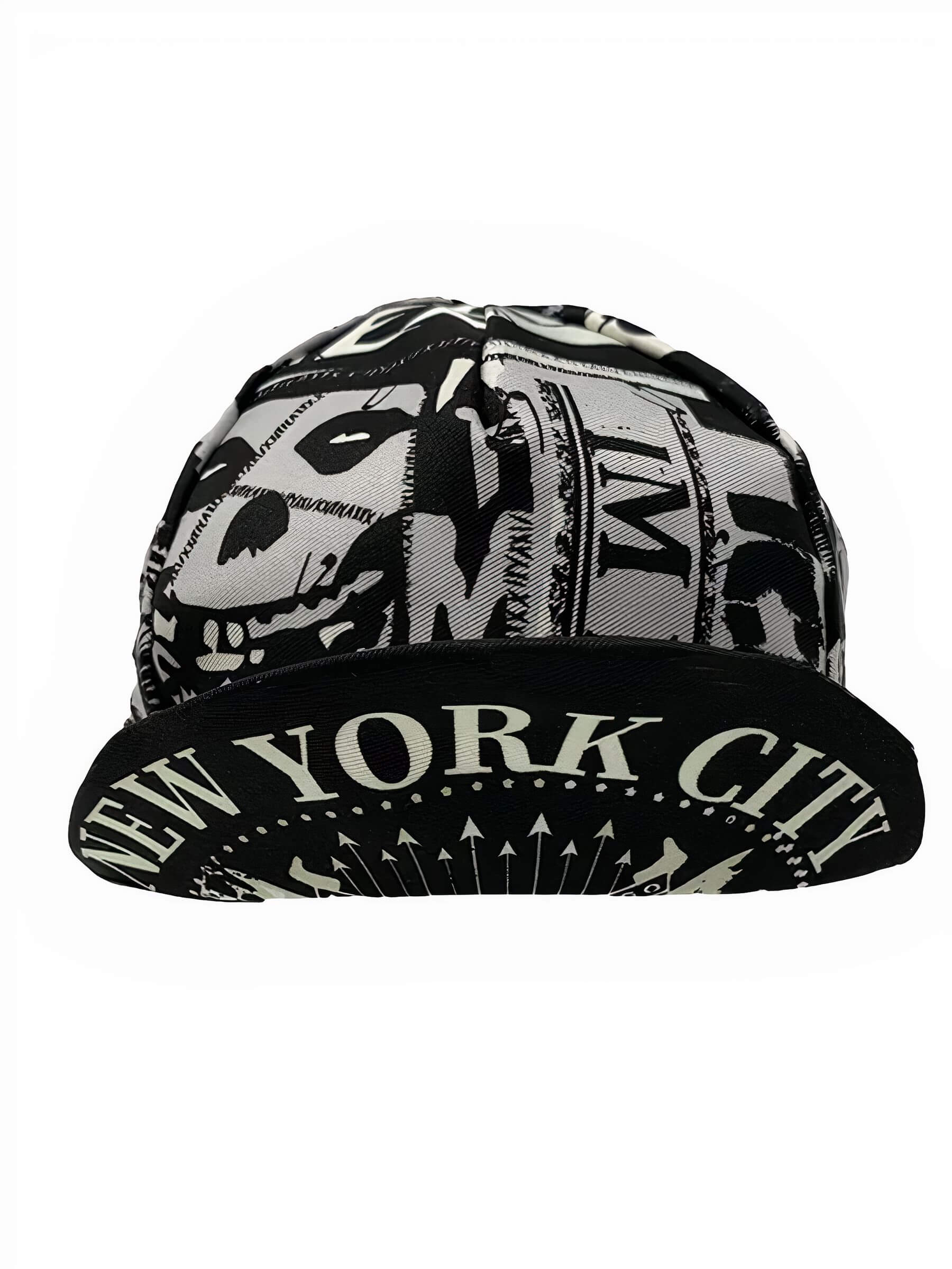 Ostroy Punk Cap in black and white with bold New York City print and all-over graphic design on front and brim