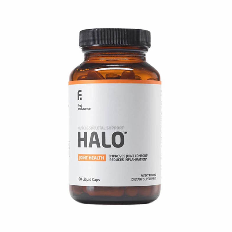 A bottle of halo, a performance enhancement supplement for cycling, on a white background.