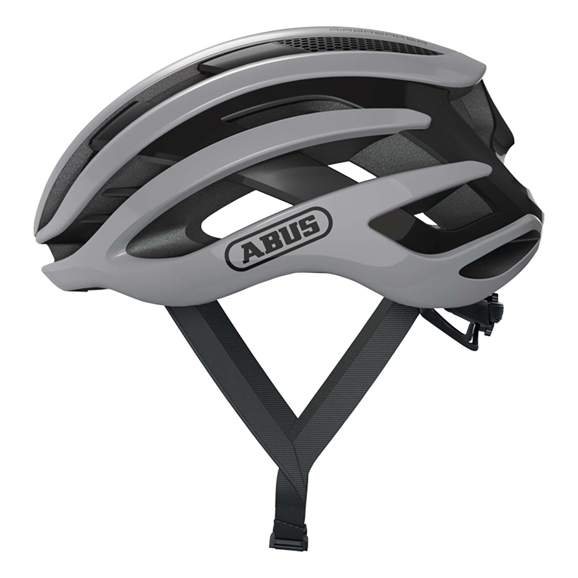 Side view of ABUS AirBreaker Helmet in gray with aerodynamic vents and adjustable strap for cycling safety and comfort