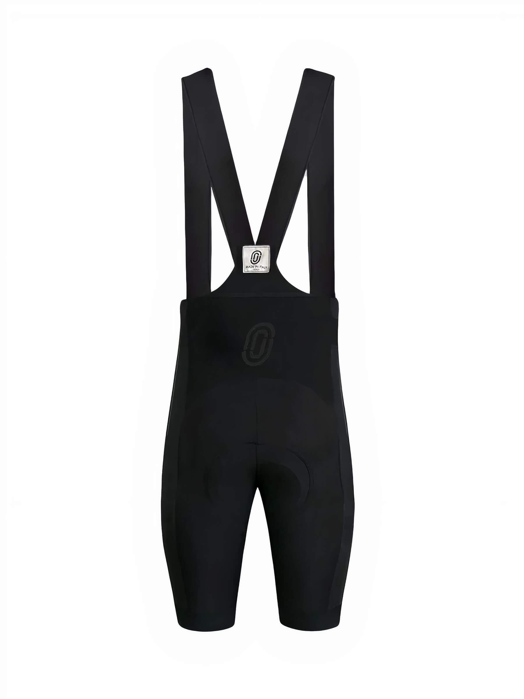 Back view of Ostroy NoMad Bibs - Men's in black with wide shoulder straps and ergonomic cycling fit details