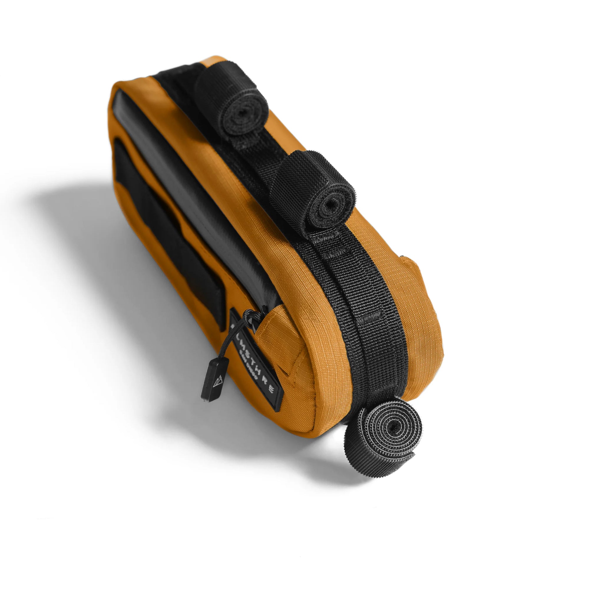 ALMSTHRE Compact Frame Bag in tan with black straps and zipper for secure storage on cycling frames