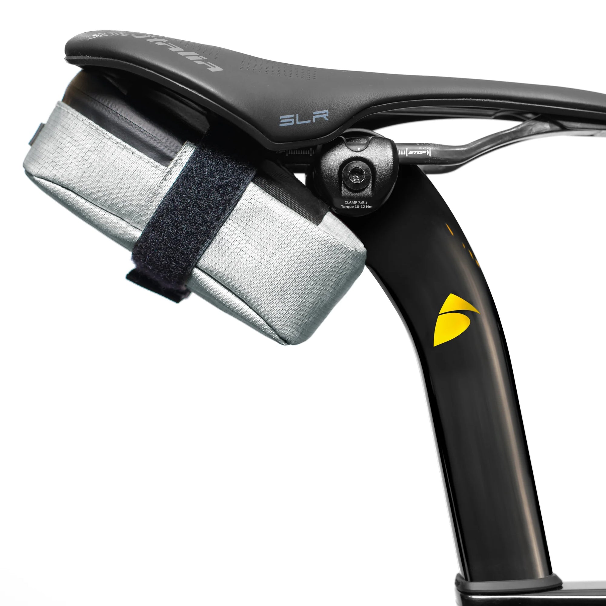 ALMSTHRE Signature Saddle Bag mounted under bike seat with adjustable strap and reinforced wear points visible