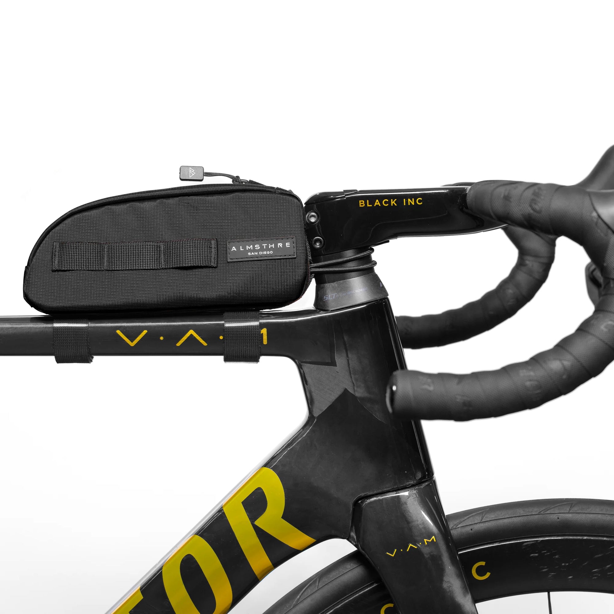 ALMSTHRE Top Tube Bag mounted on bike top tube with secure straps and easy-access zipper compartment