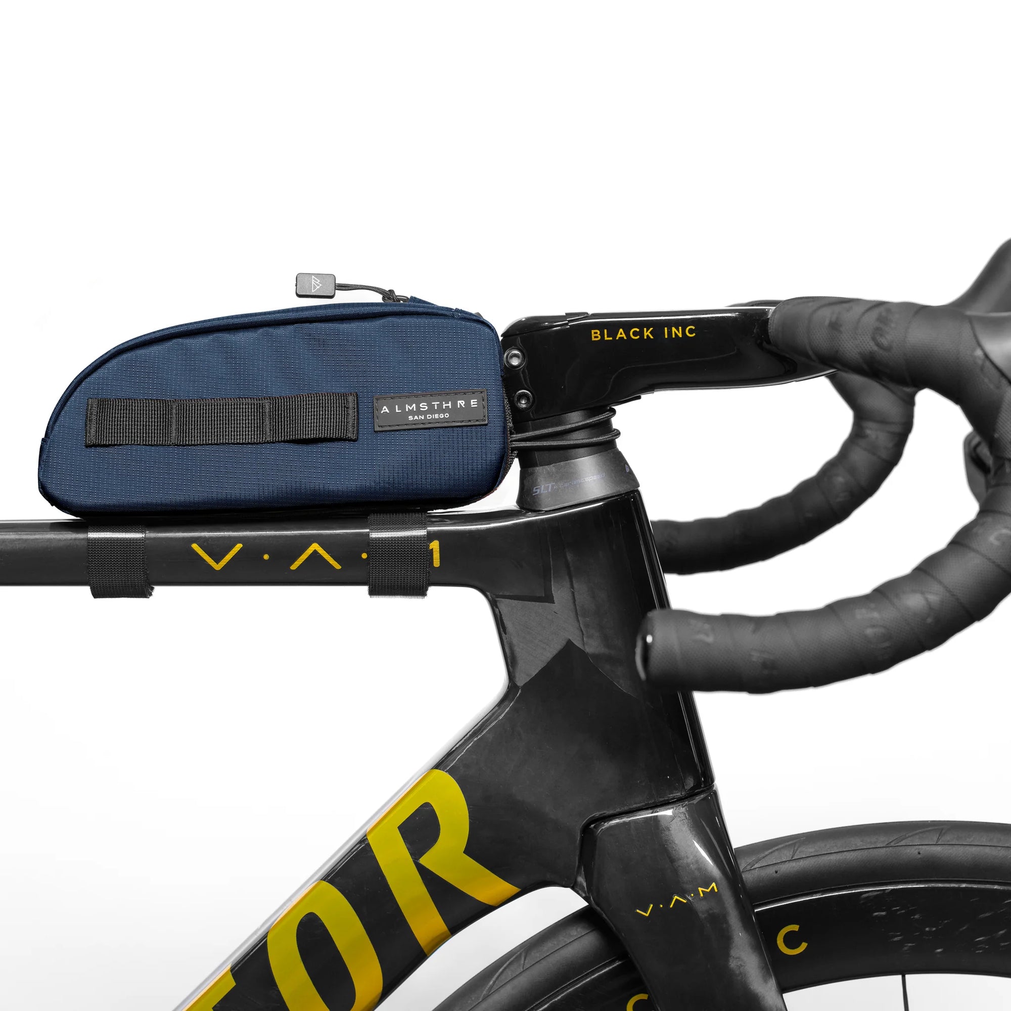 ALMSTHRE Top Tube Bag mounted on bike frame with zippered main compartment and sleek design in navy blue