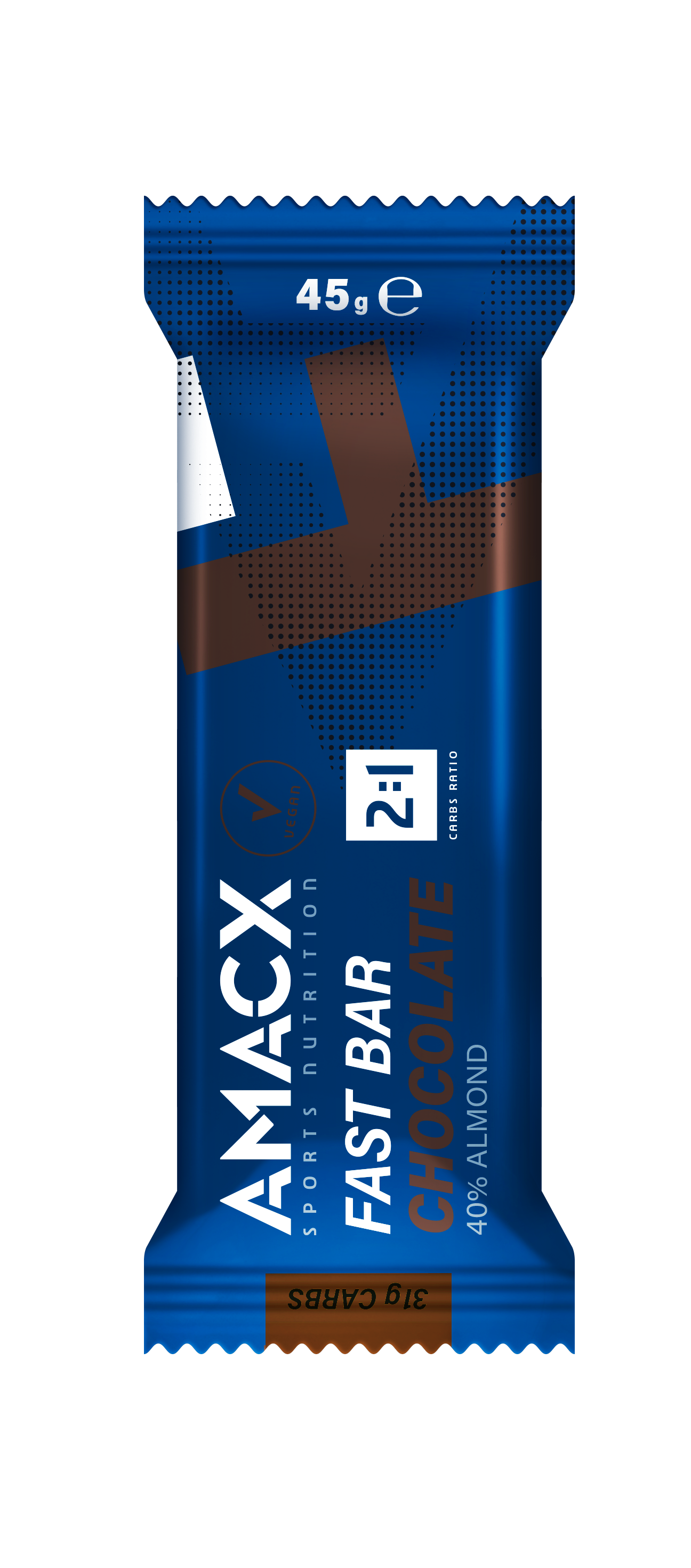 Amacx Fast Bar Chocolate in blue wrapper showing 45g weight and 40% almond content with nutrition details