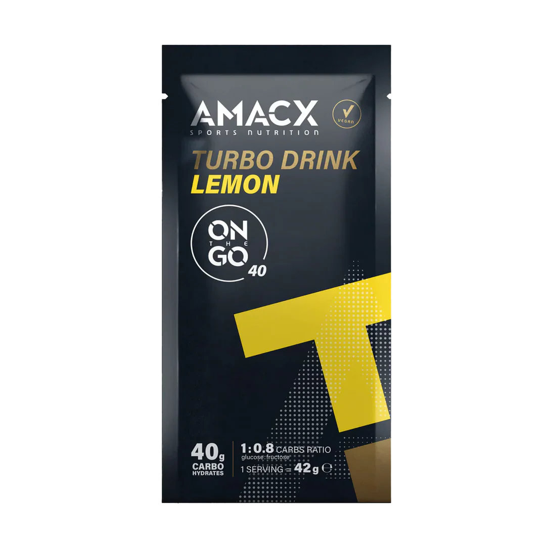 Amacx Turbo Drink On The Go Lemon pack with black and yellow design for sports hydration and carb energy boost