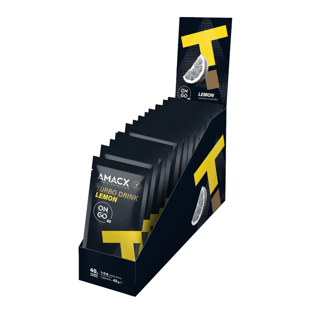 Amacx Turbo Drink On The Go Lemon displayed in a black and yellow box with multiple individual packets.