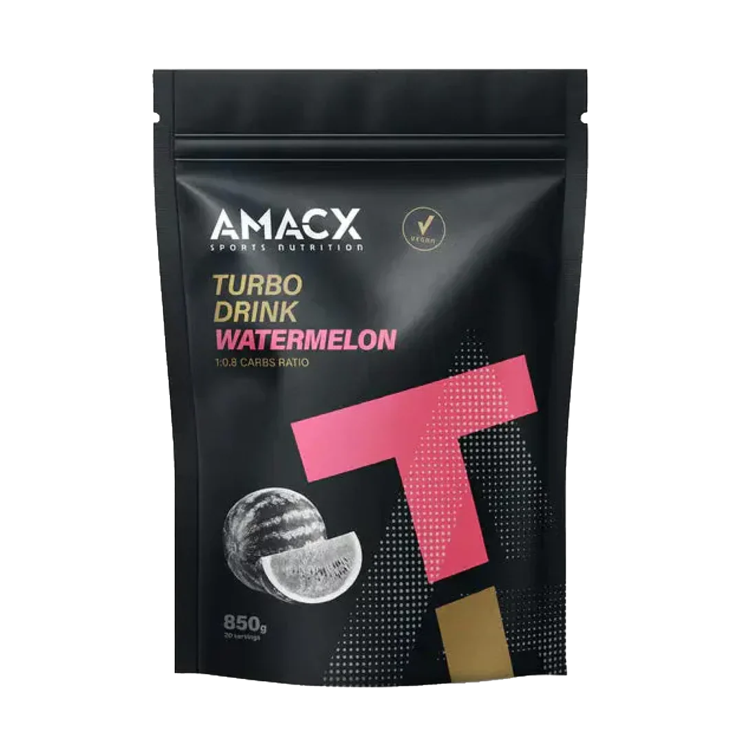 Amacx Turbo Drink Watermelon powder pouch with watermelon graphic and black packaging for sports nutrition