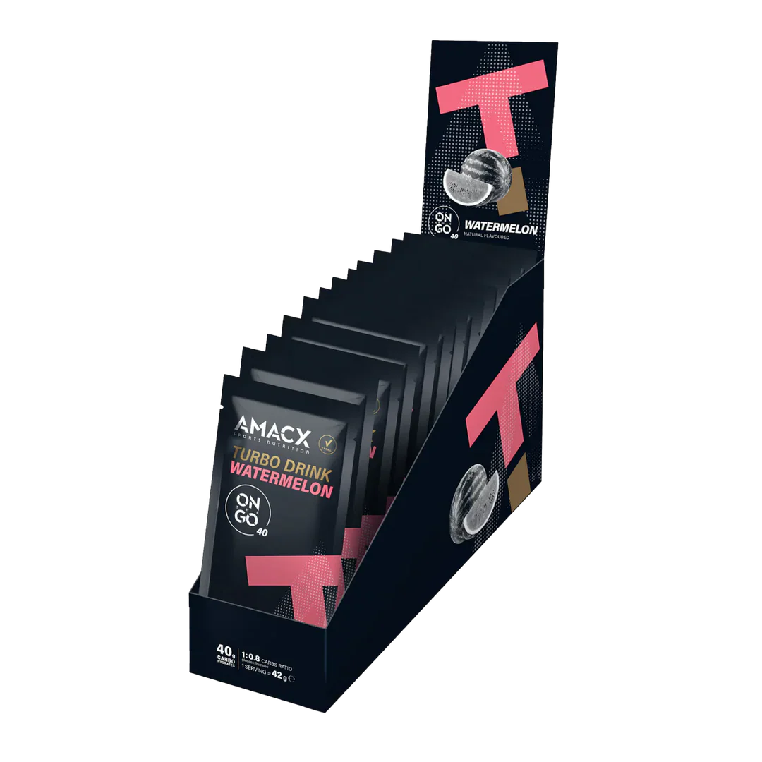 Black display box holding multiple packets of Amacx Turbo Drink On The Go Watermelon with red and white accents