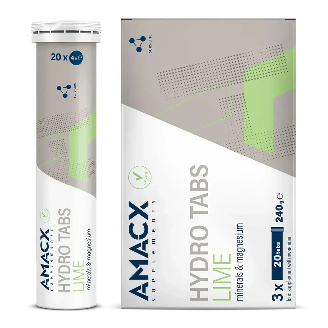 Amacx Hydro Tabs Lime supplement packaging showing lime flavor with minerals and magnesium in a clean design