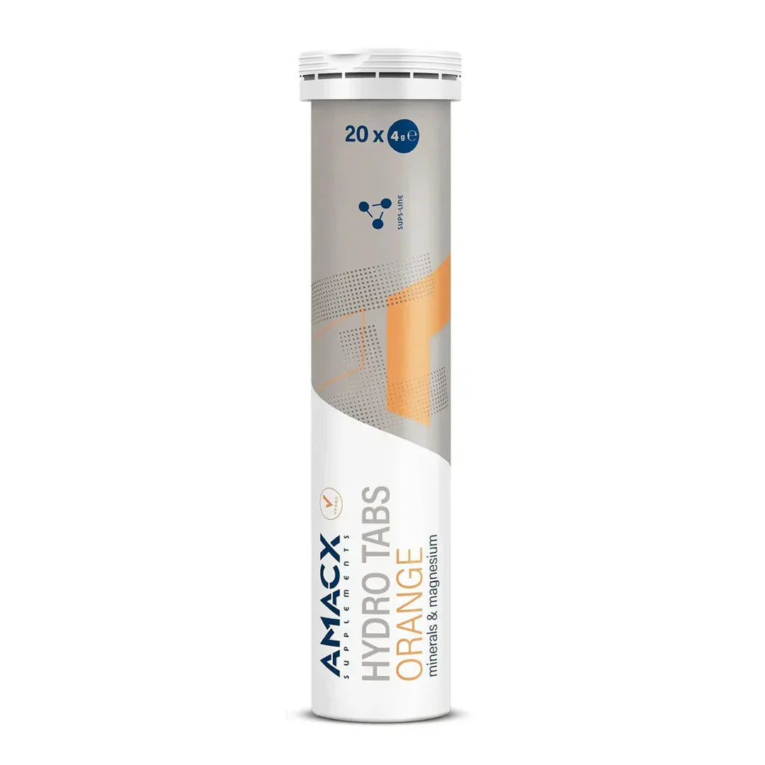 Tube of Amacx Hydro Tabs Orange effervescent minerals and magnesium tablets for hydration and recovery