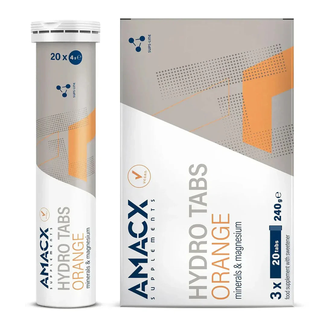 Amacx Hydro Tabs Orange supplement packaging with minerals and magnesium in white and orange design