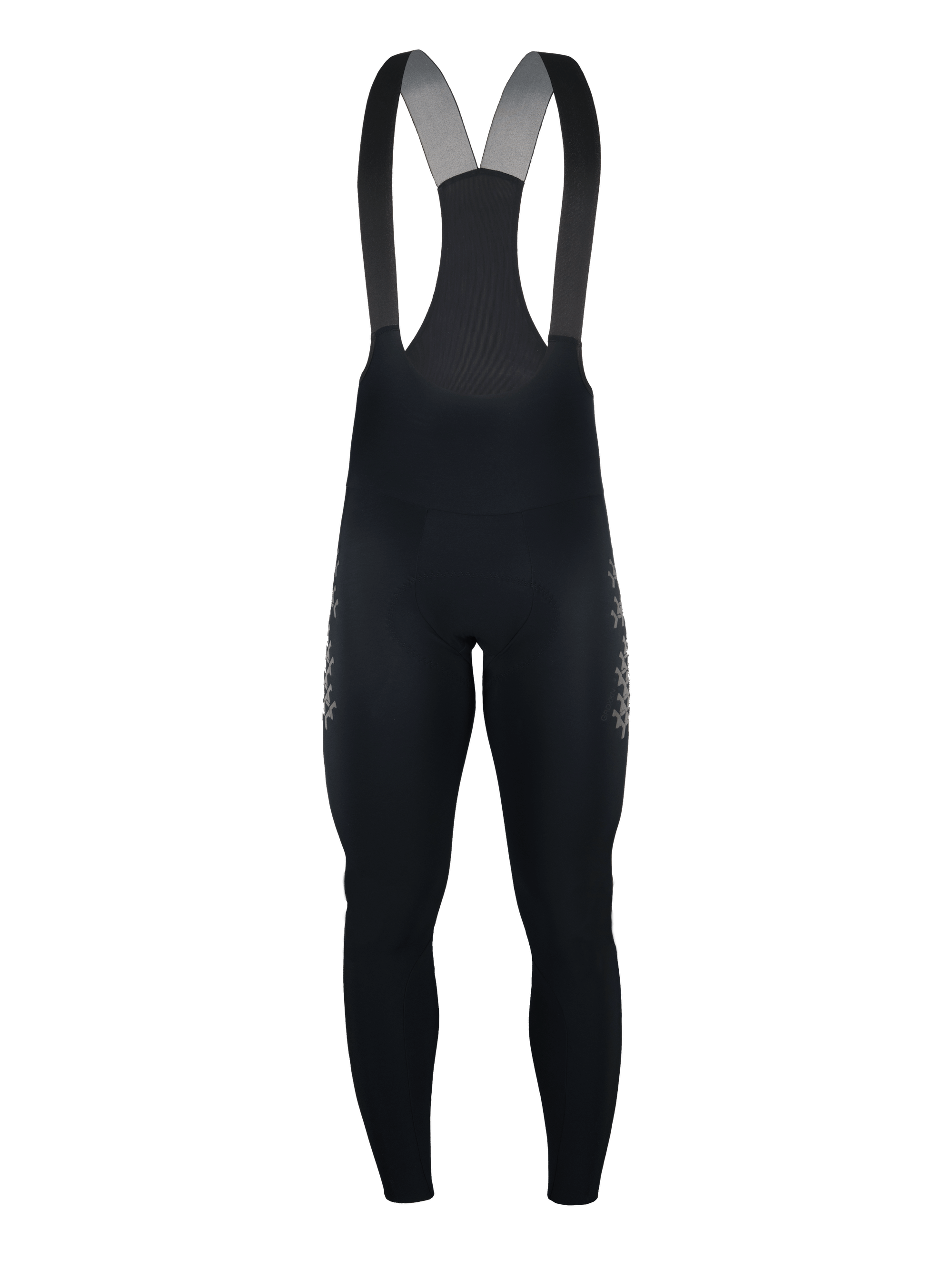 Front view of Q36.5 Grid Skin Winter Bib Tights with ergonomic pre-shape cut.