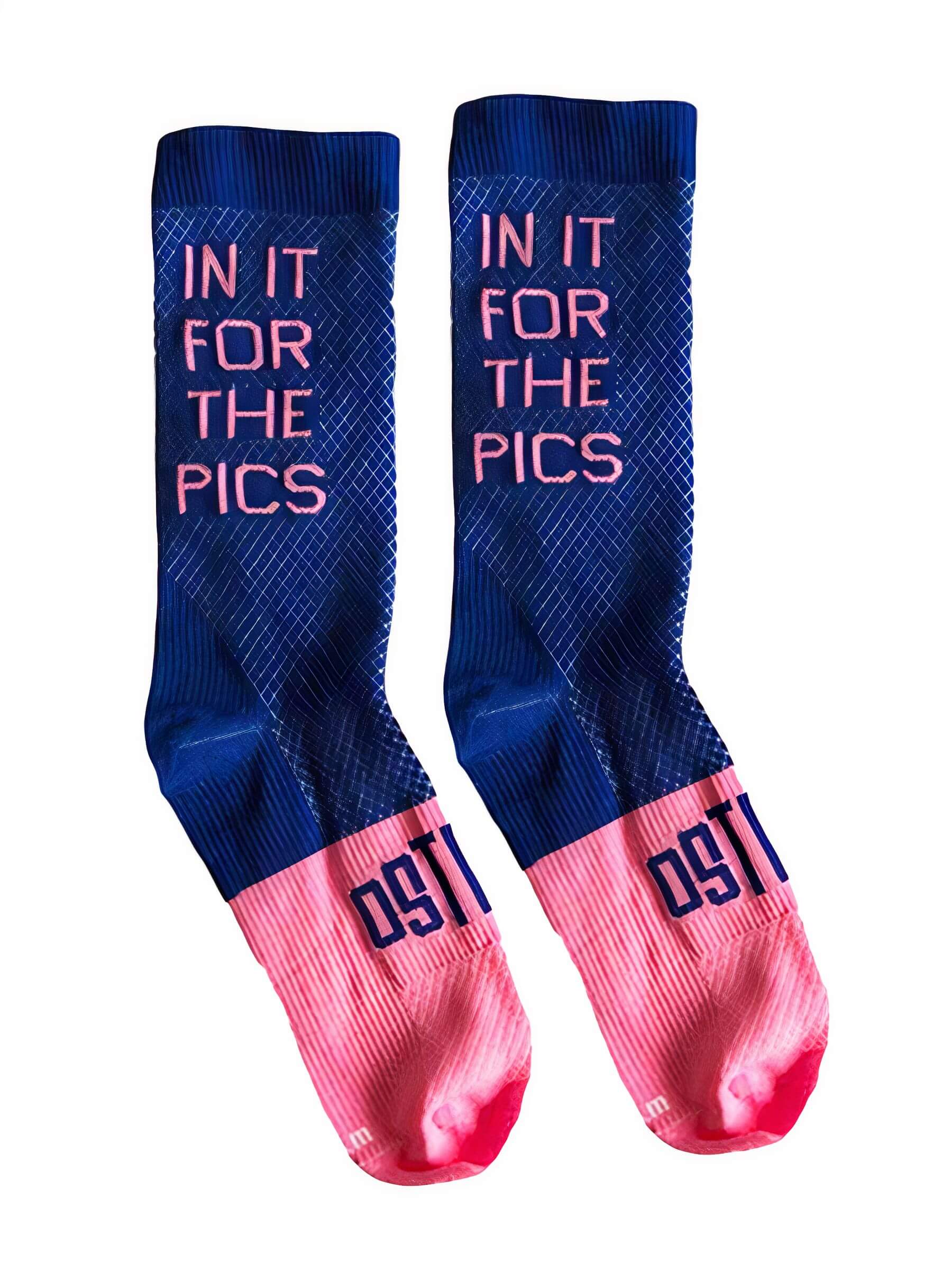 Pair of Ostroy In It For The Pics Socks in blue and pink with bold lettering and ribbed compression fit visible