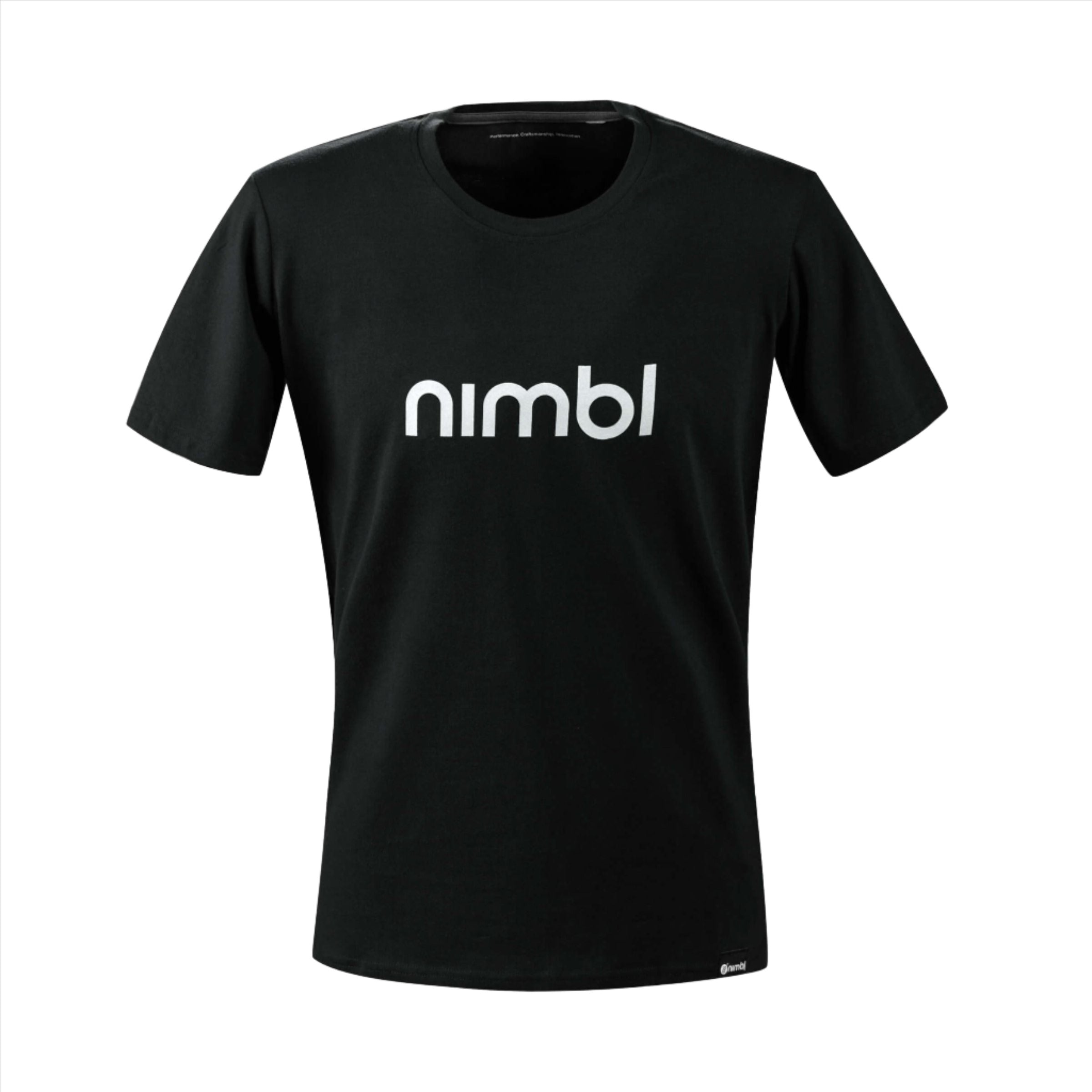 Nimbl Cotton T-shirt - Men's in black with crew neck and bold white nimbl logo on front against white background