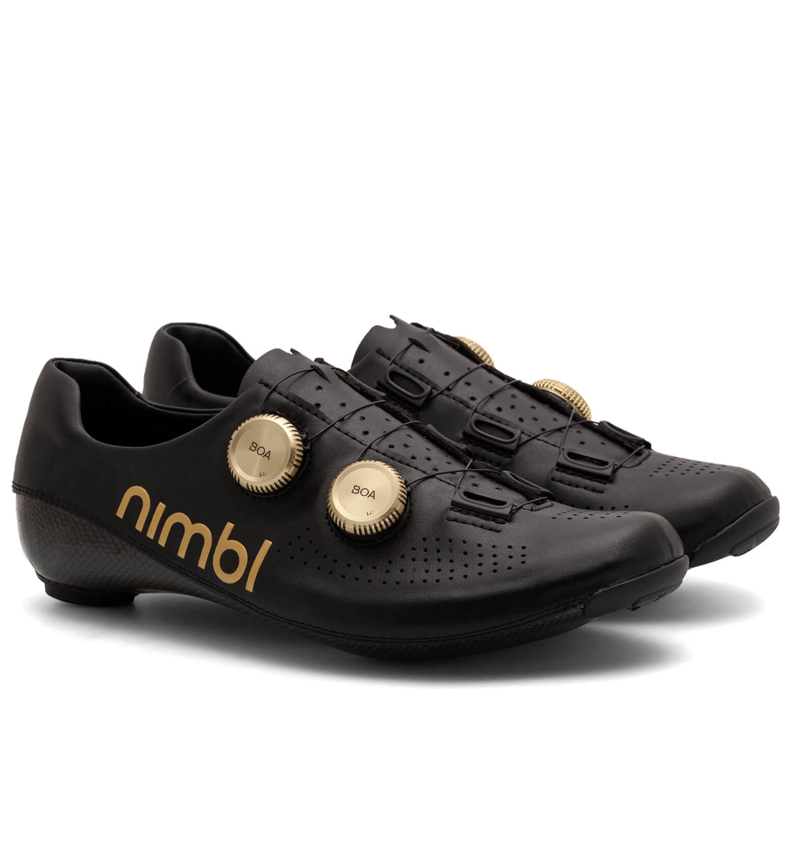 Pair of black Nimbl ULTIMATE cycling shoes with gold BOA dials and nimbl logo side view on white background
