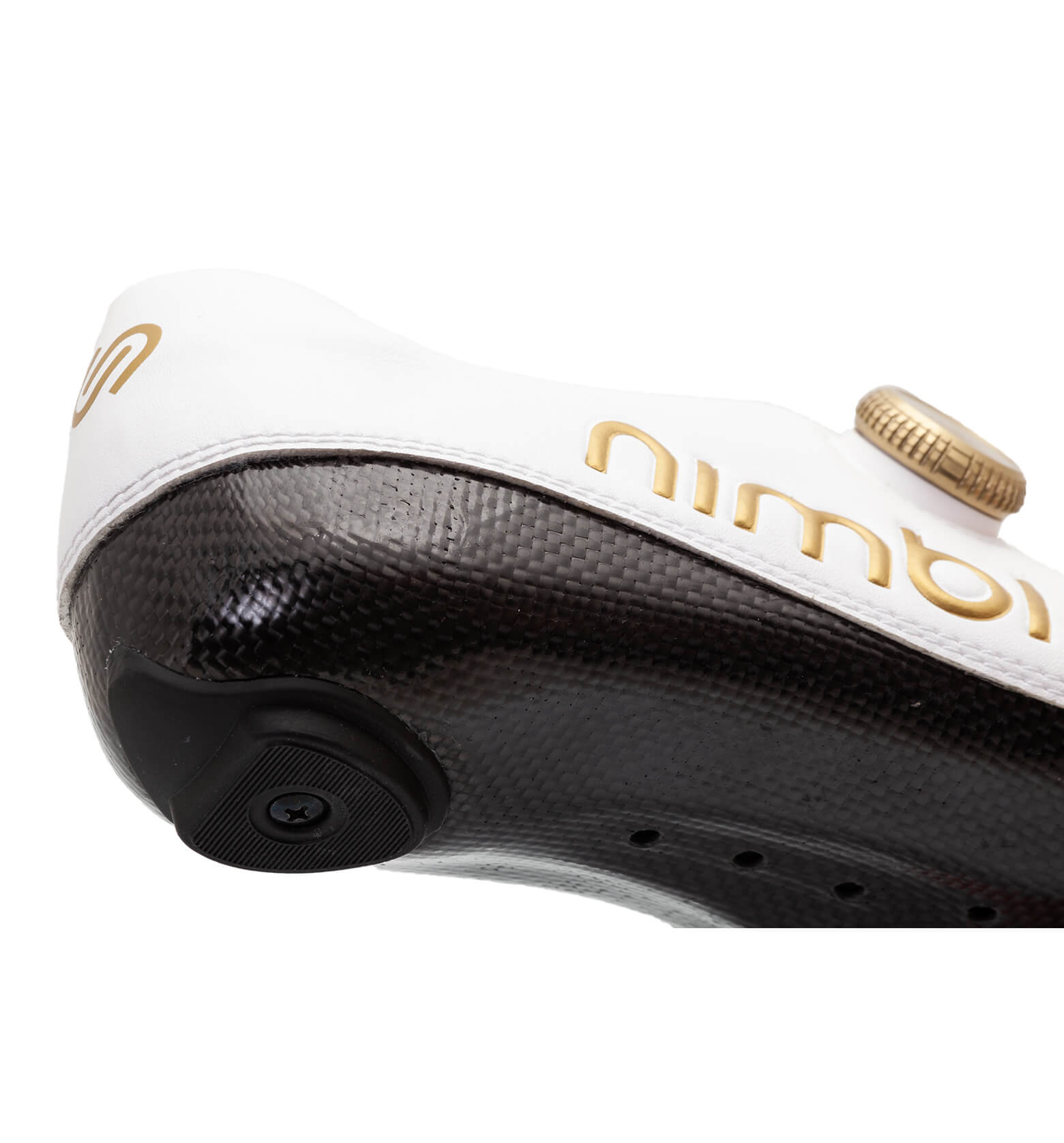 Close-up of Nimbl ULTIMATE cycling shoe heel with white upper and carbon fiber sole detail