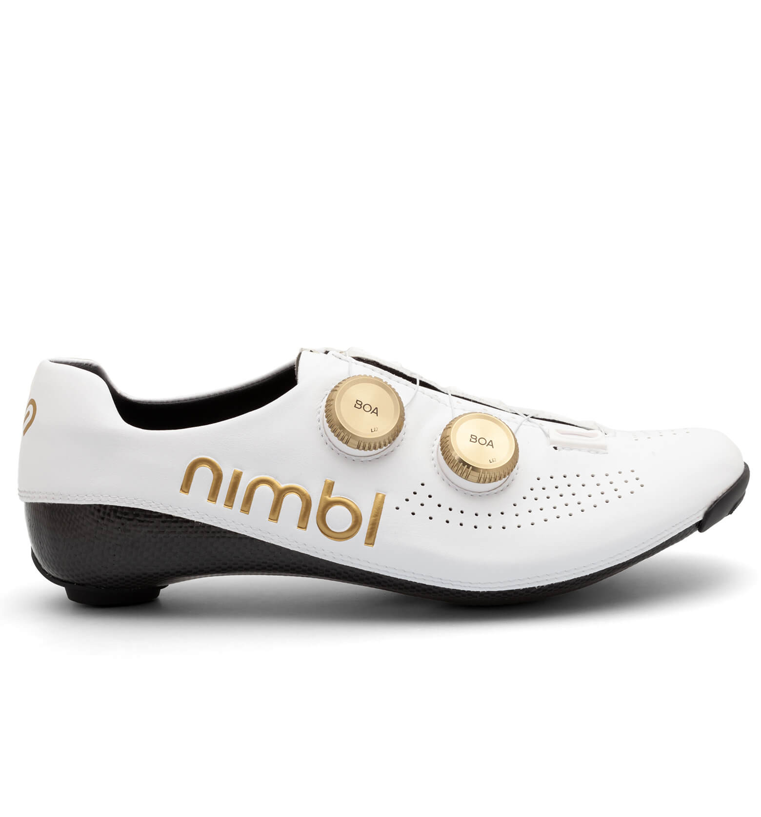 Side view of white Nimbl ULTIMATE cycling shoe with gold logo and dual BOA dial closure system
