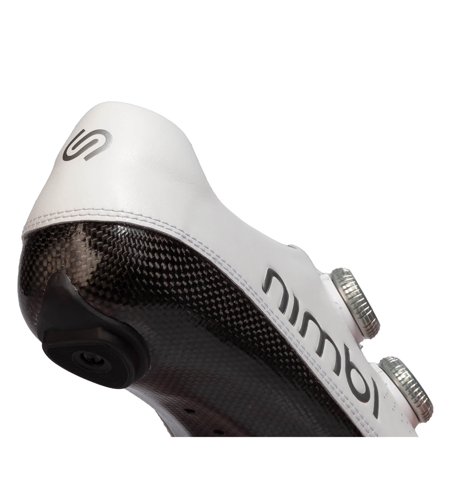 Close-up of the Nimbl ULTIMATE cycling shoe showing carbon sole and dual dial closure system in white design