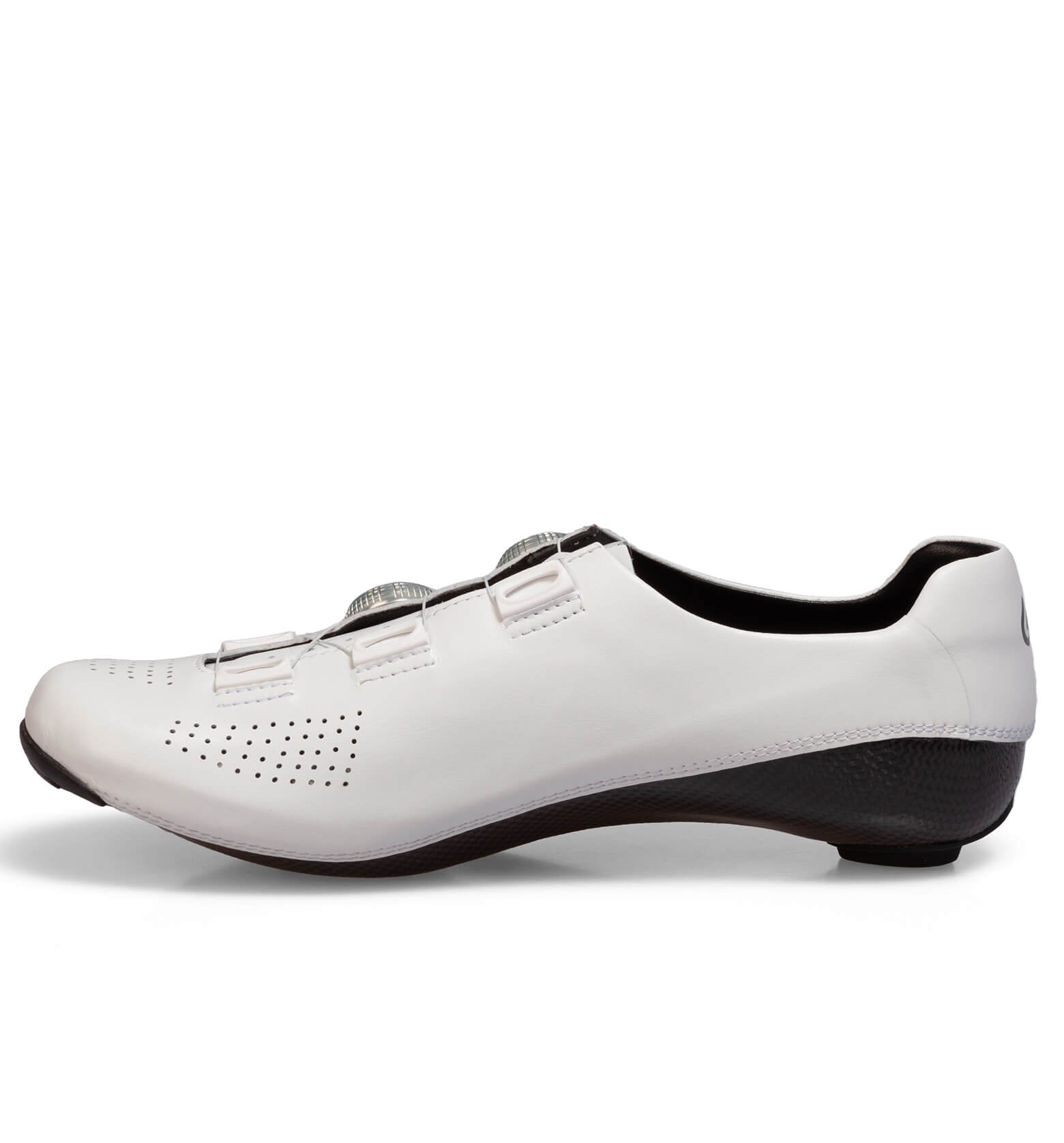 Side view of white Nimbl ULTIMATE cycling shoe featuring sleek design and adjustable closure system