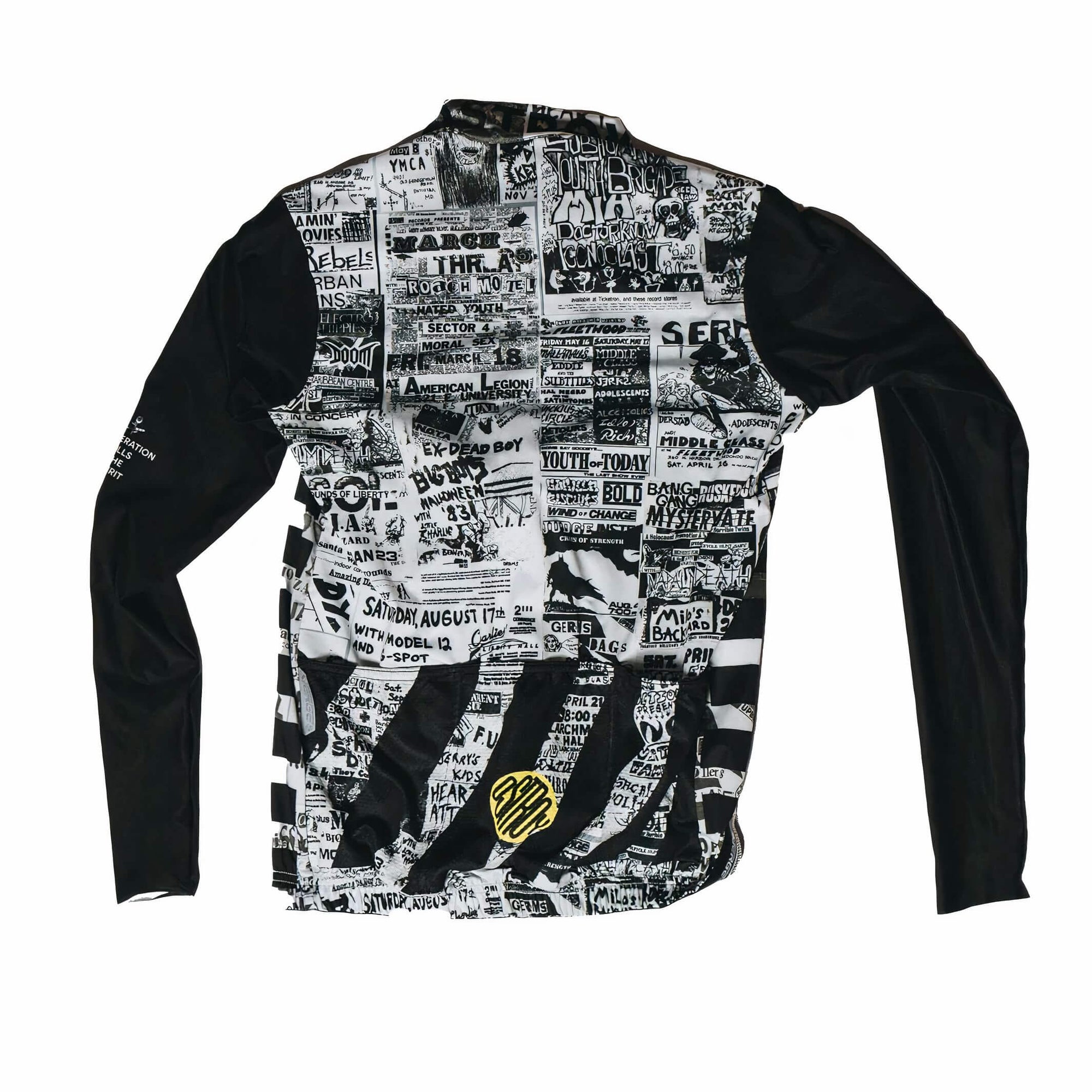 Back view of Ostroy Punk Flyers Lightweight Long-Sleeve Jersey - Men's with vintage flyer print and solid black sleeves