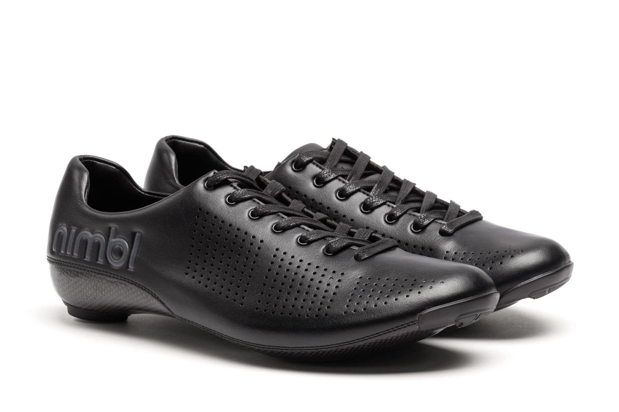 Pair of black Nimbl AIR cycling shoes with perforated sides and low-profile sleek design on white background