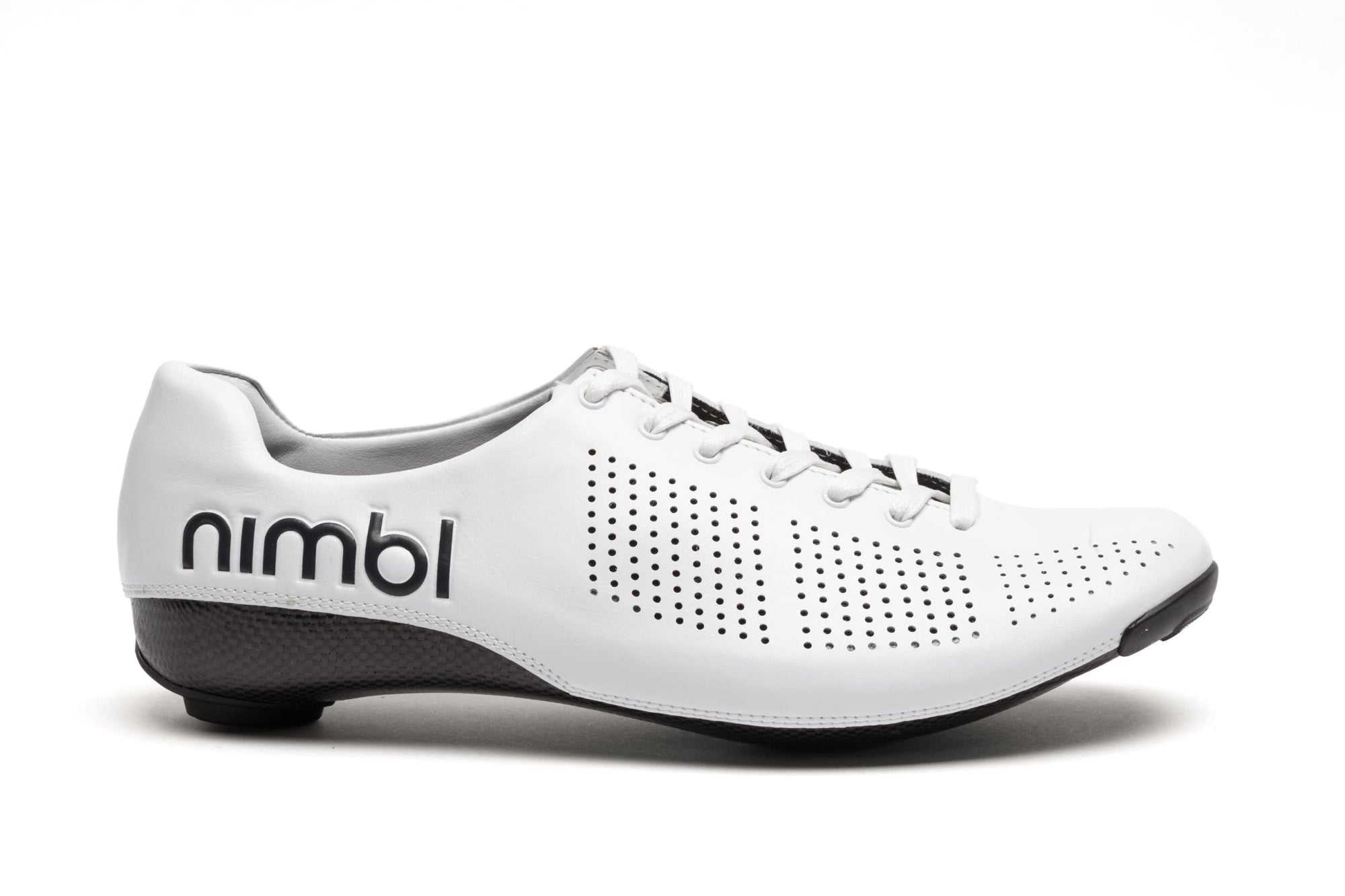 Side view of white Nimbl AIR cycling shoe with perforated upper and black sole for lightweight performance