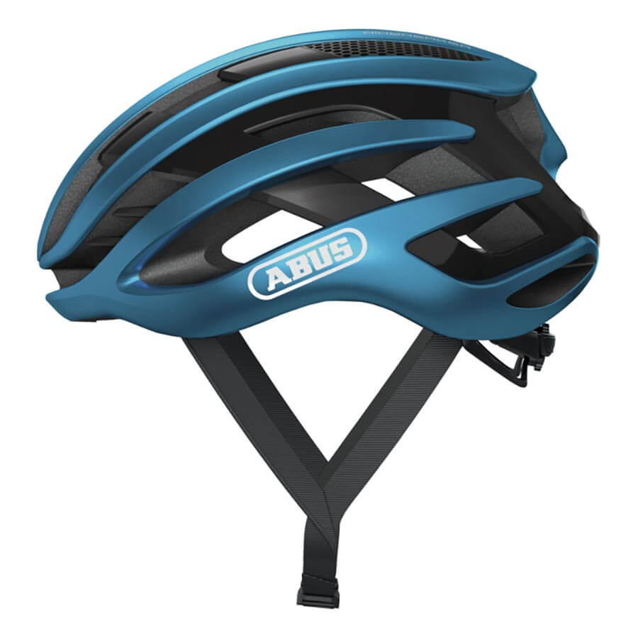 Side view of ABUS AirBreaker Helmet in blue with multiple vents and adjustable black chin straps for cycling safety and comfort
