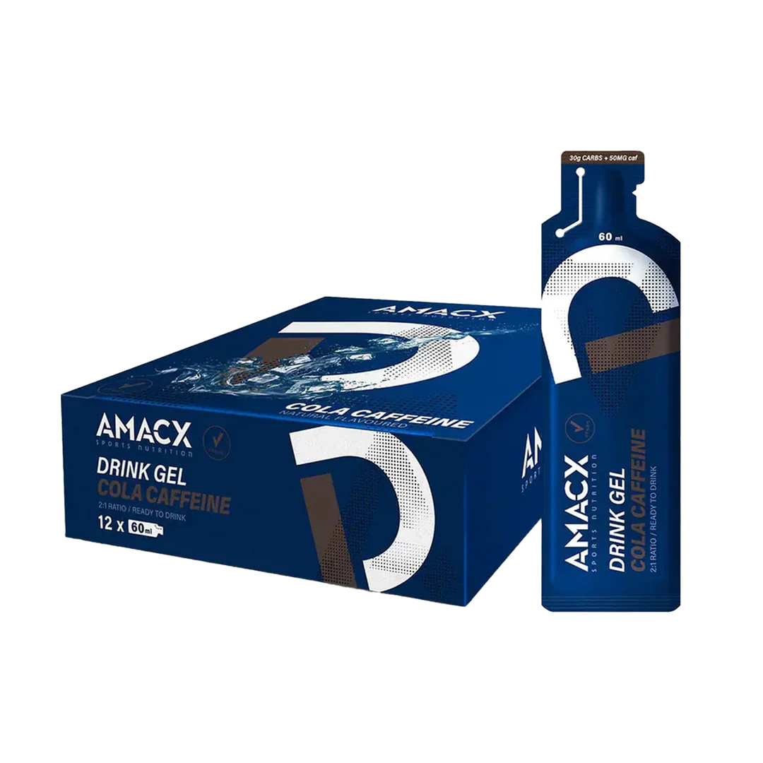 Box and pouch of Amacx Drink Gel Cola Caffeine energy gel with dark blue and white packaging design