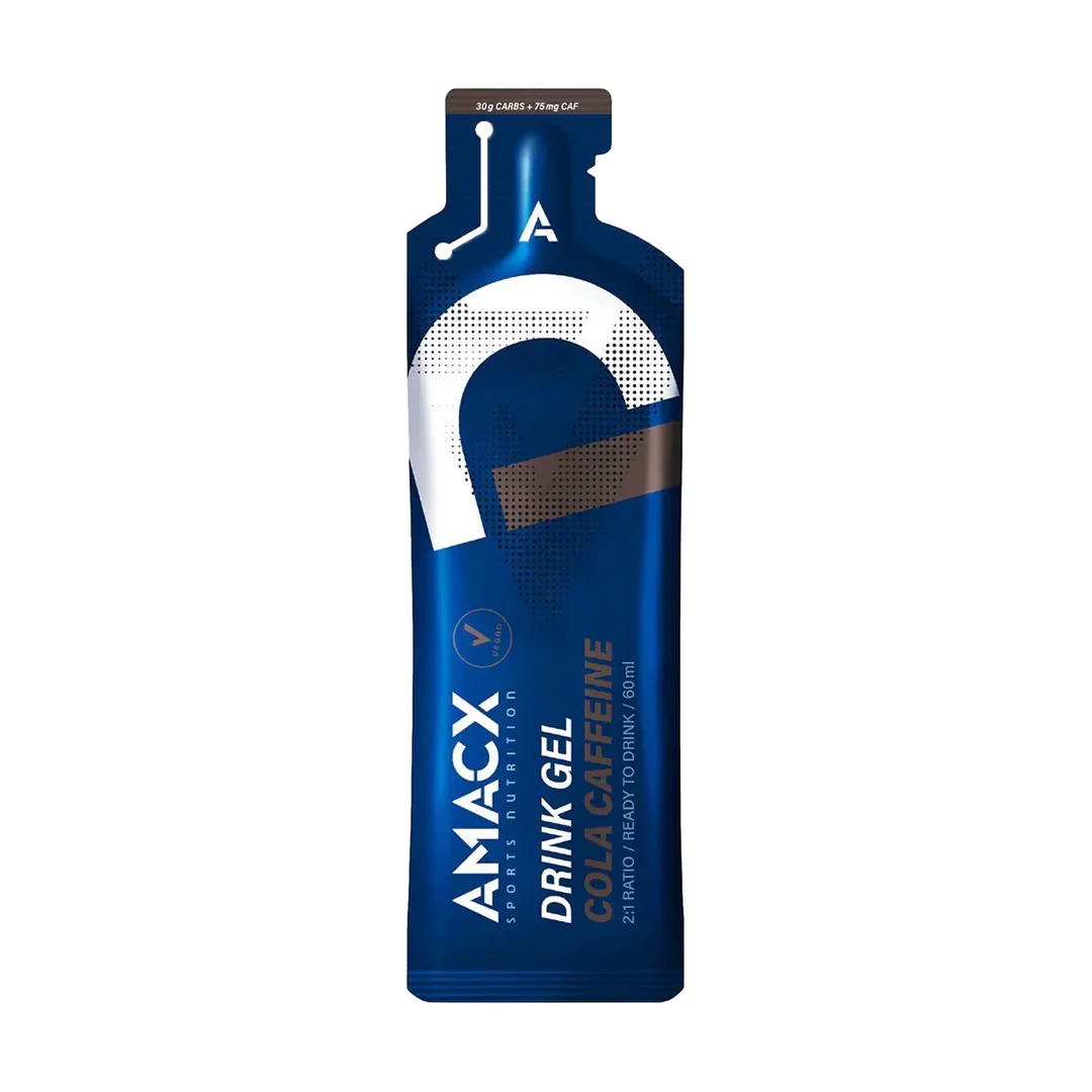 Amacx Drink Gel Cola Caffeine in a blue flexible pouch with bold white and brown design accents