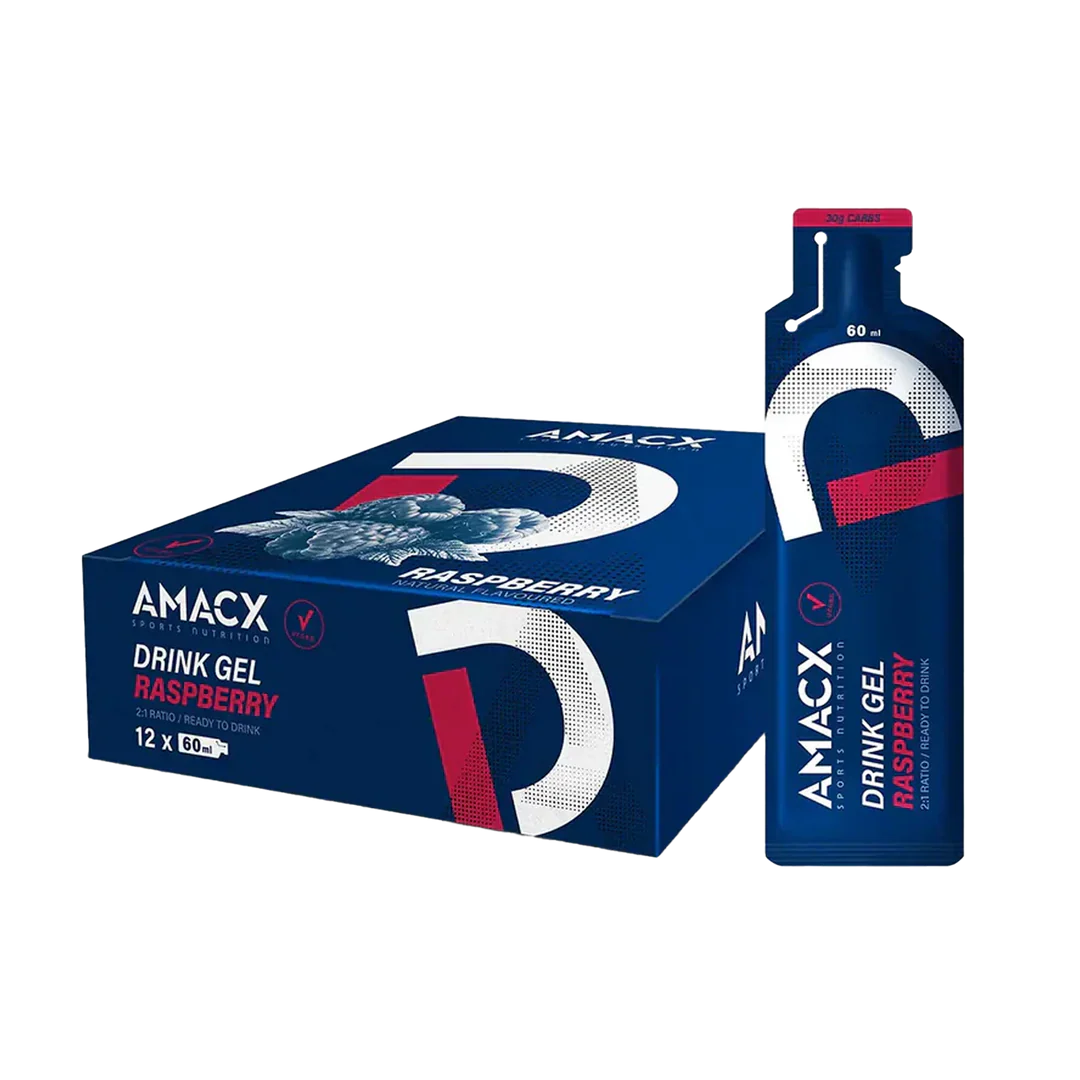 Amacx Drink Gel Raspberry in blue packaging with raspberry flavor, showing a single gel pouch and a box of 12 packs.