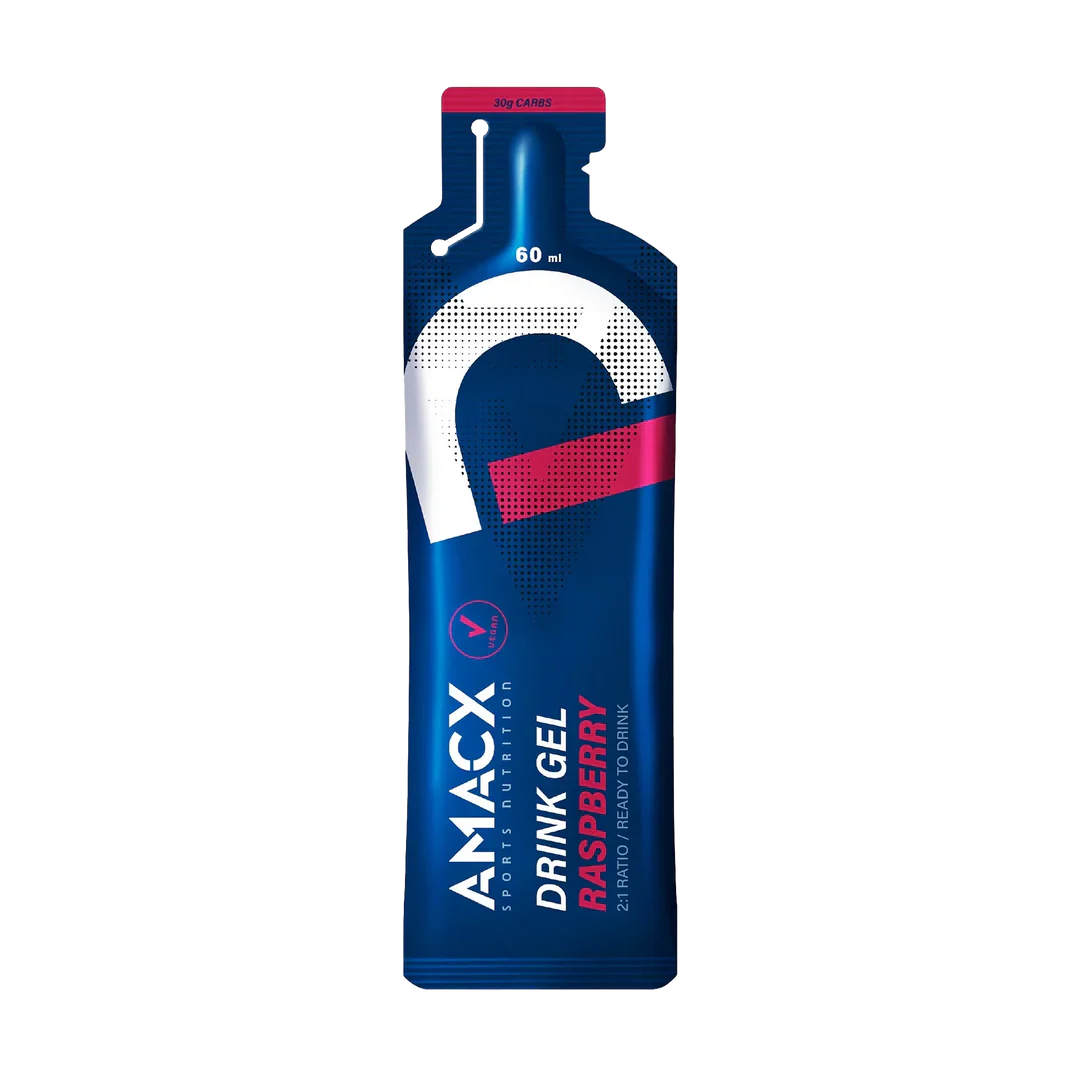 Amacx Drink Gel Raspberry pouch with 60 ml of raspberry-flavored energy gel ready to drink.