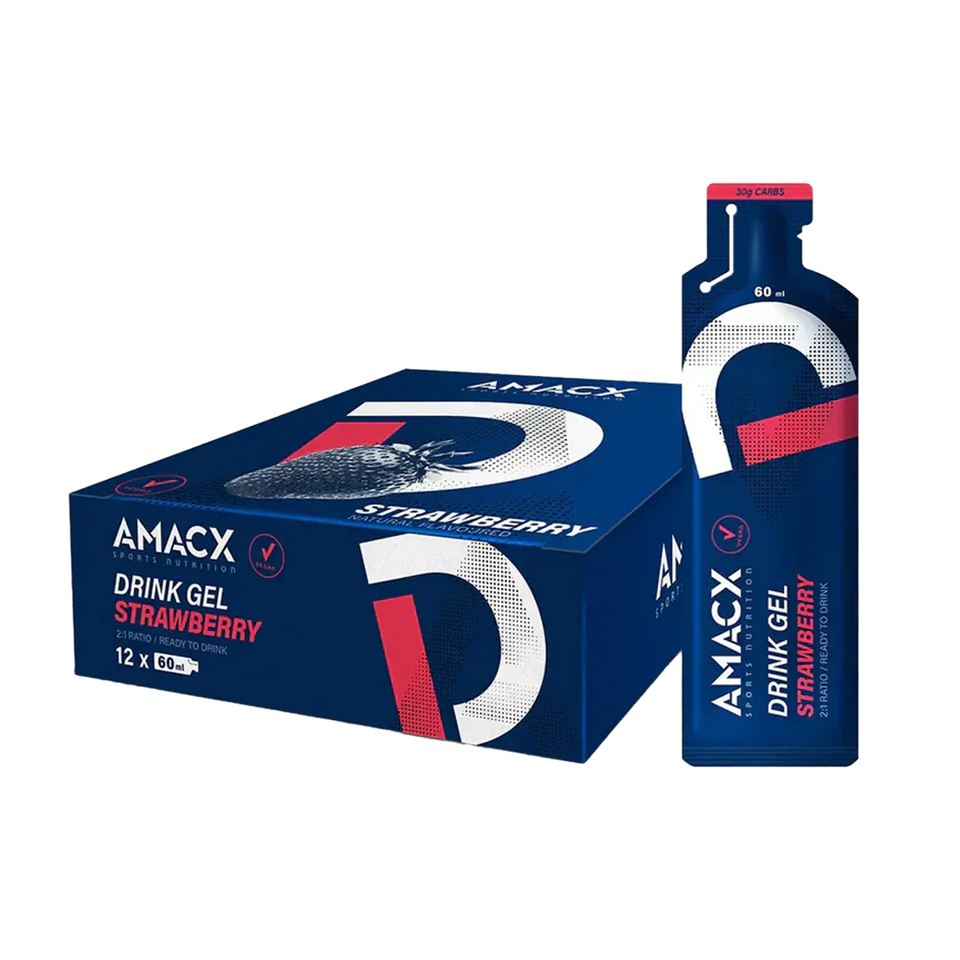 Amacx Drink Gel Strawberry with 60ml servings displayed next to a 12-pack box in blue red and white design