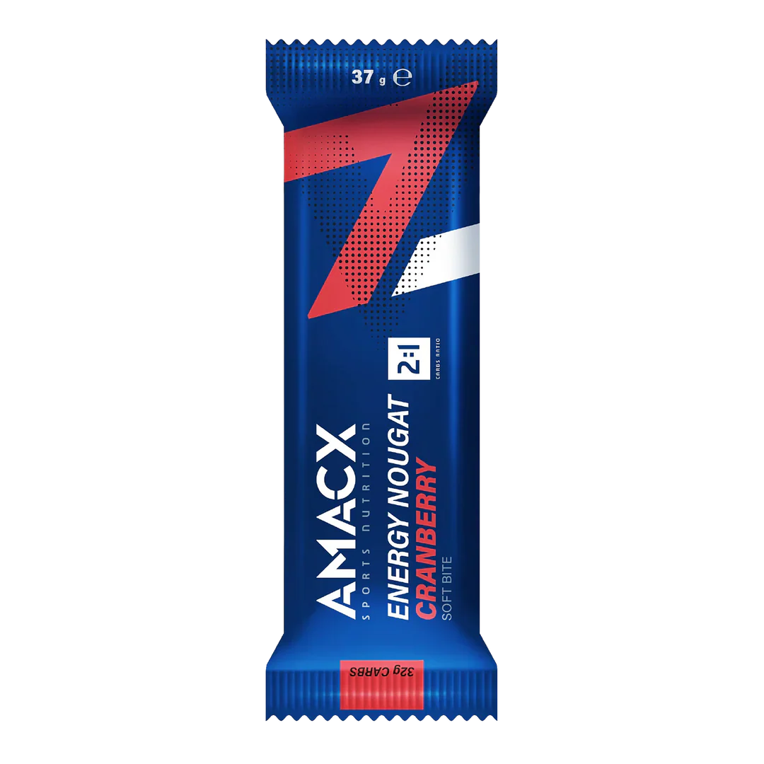 Amacx Energy Nougat Cranberry energy bar in blue packaging with red and white design accents.