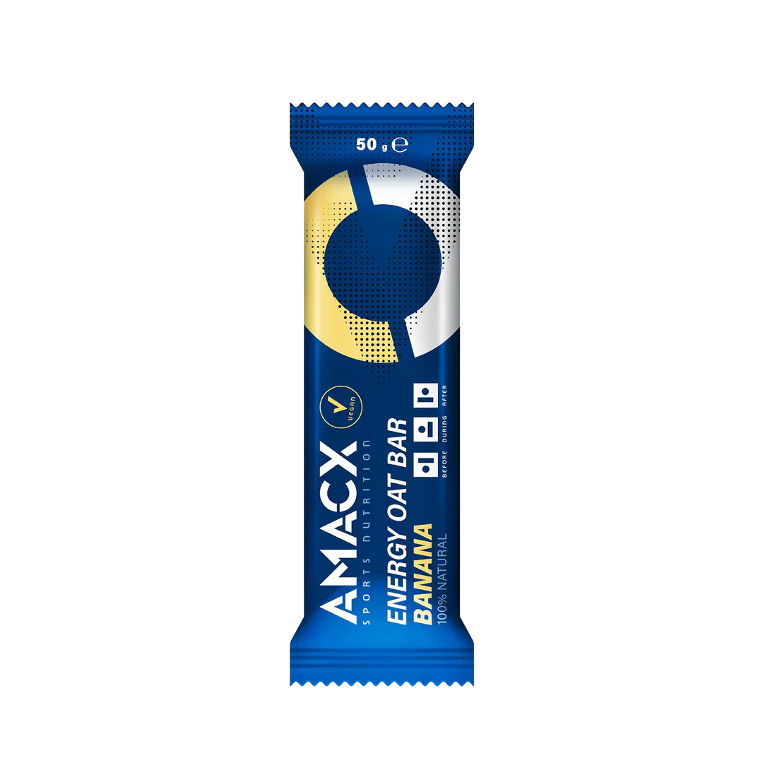 Amacx Energy Oat Bar Banana in blue packaging designed for natural energy and nutrition boost