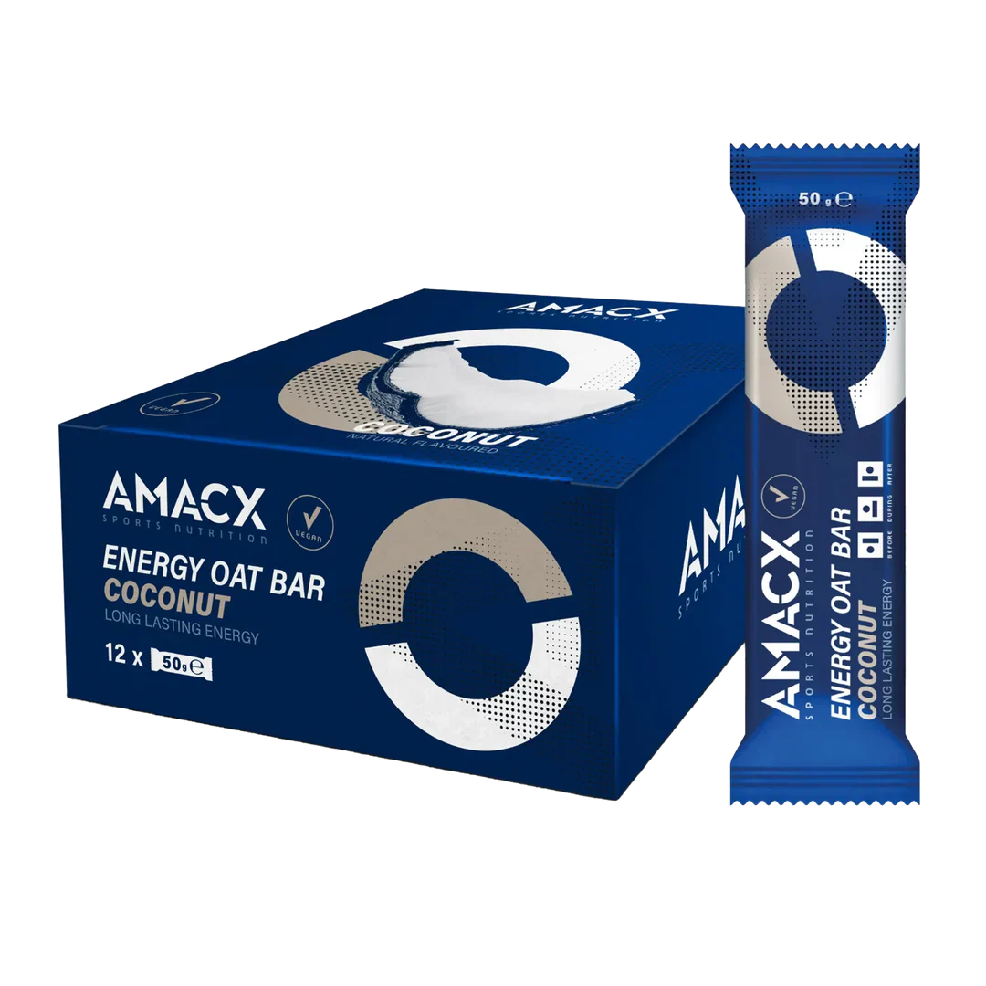 Amacx Energy Oat Bar Coconut packaging with a blue box and a single energy oat bar wrapper displayed upright.