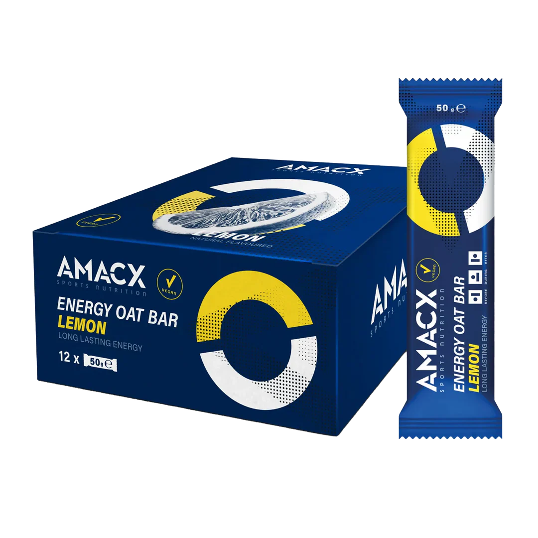 Box and single bar of Amacx Energy Oat Bar Lemon with blue and yellow packaging and lemon illustration.