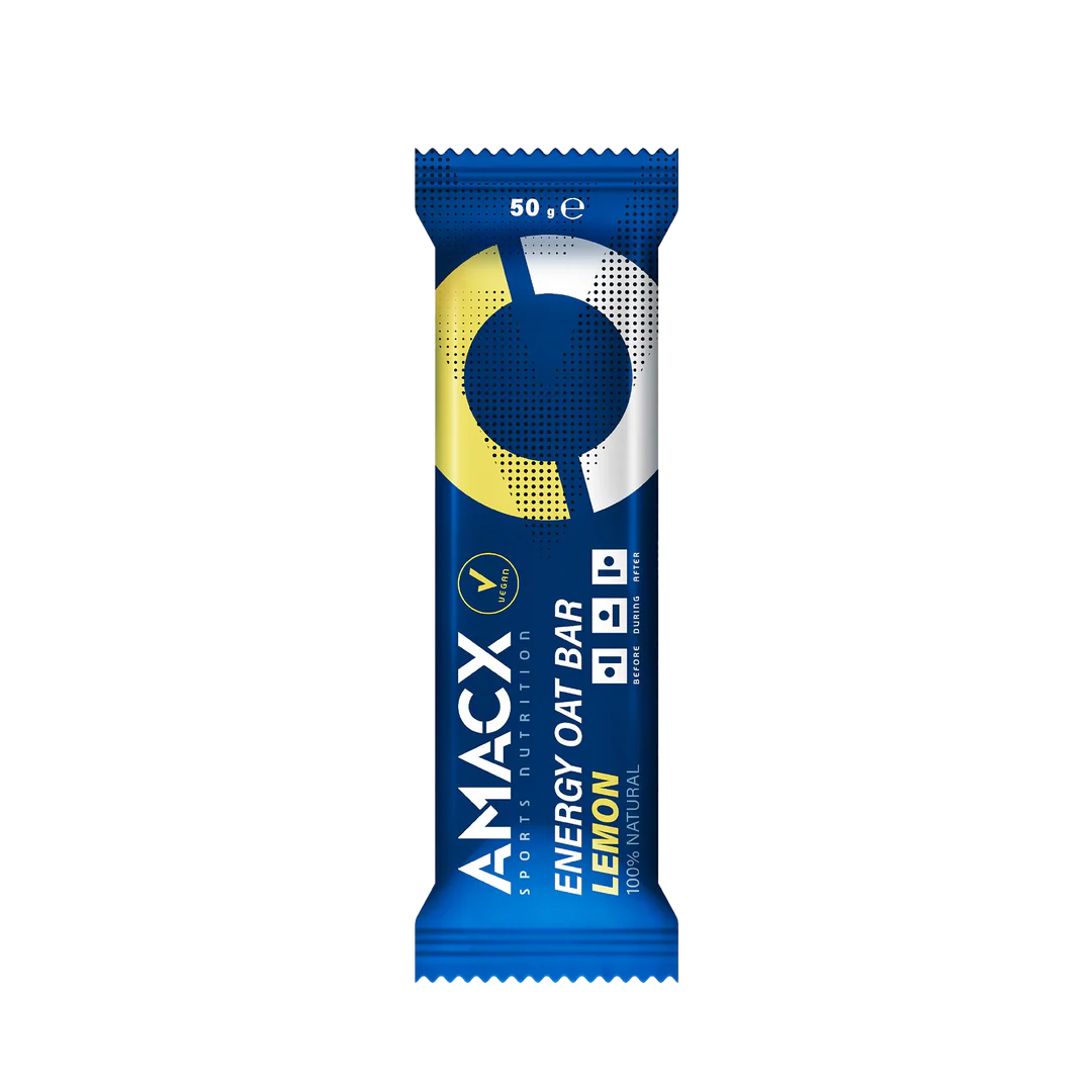 Amacx Energy Oat Bar Lemon in blue and yellow packaging, a 50g sports nutrition energy bar with lemon flavor.