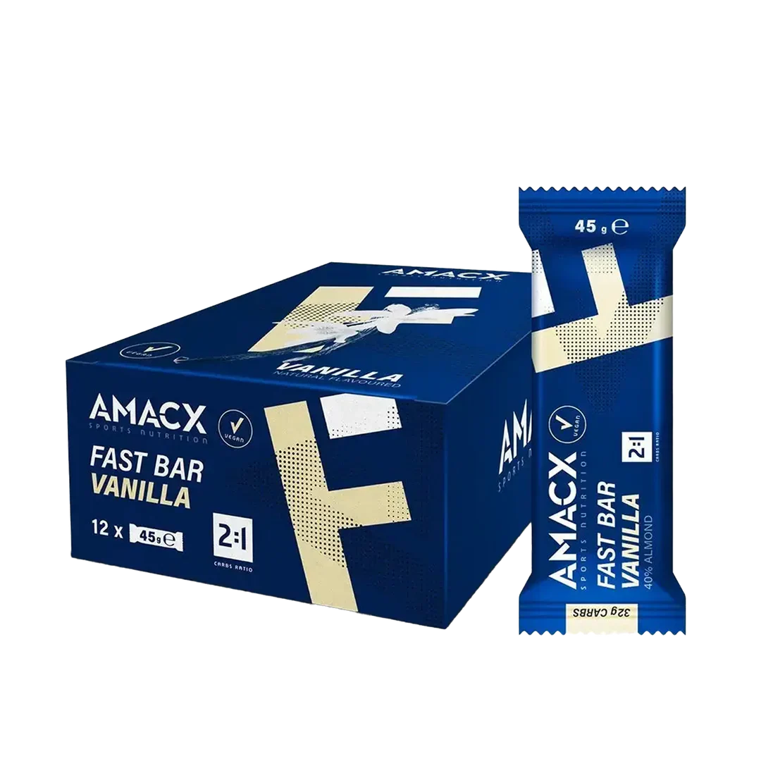 Amacx Fast Bar Vanilla nutrition bar packaging and single vanilla-flavored energy bar in blue wrapper.